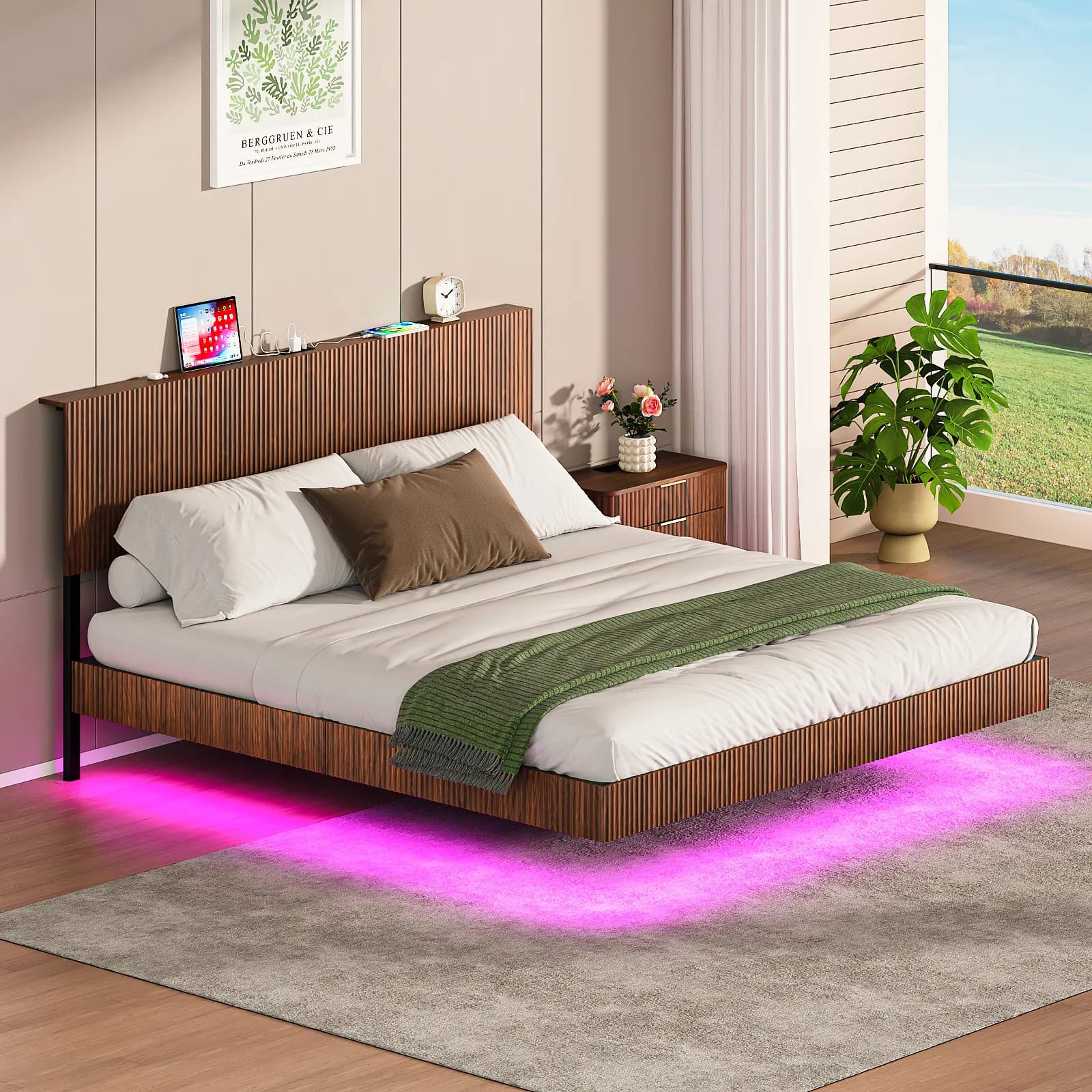 Walnut King floating bedstead, with charging station and LED lights, wavy headboard, with…