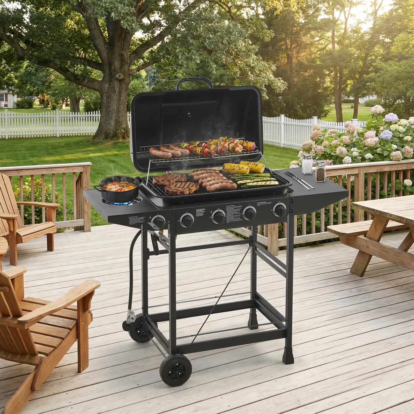 4 Burner BBQ Propane Gas Grill with Side Burner 42000 BTU Output Stainless Steel Barbecue…