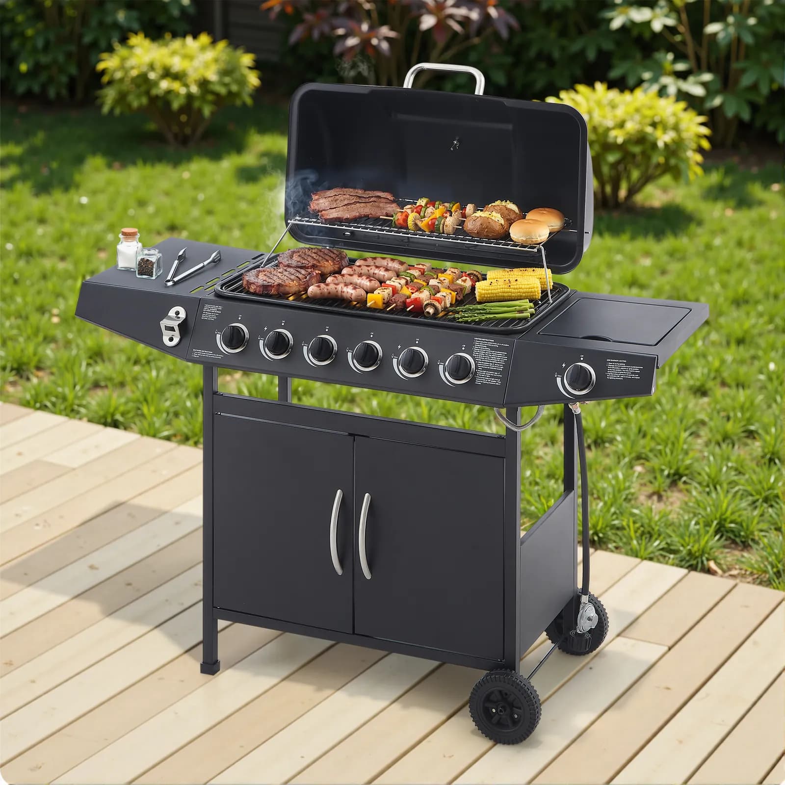 6 Burner BBQ Propane Gas Grill with Side Burner 59000 BTU Output Stainless Steel Barbecue…