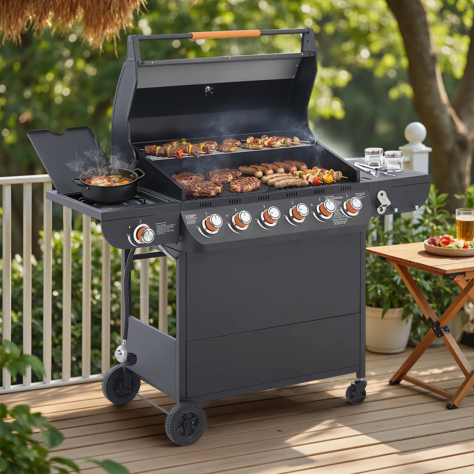 6 Burner BBQ Propane Gas Grill with Side Burner 72000 BTU Output Stainless Steel Barbecue…