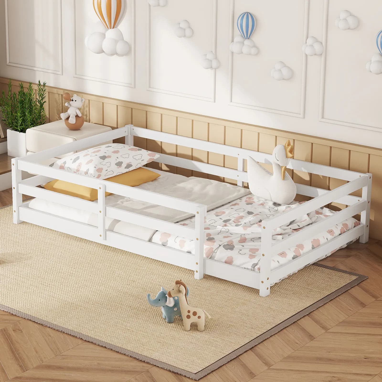 Twin Size Floor Bed, Montessori Floor Bed with Fence, Kids Montessori Bed Twin Size, Wood…