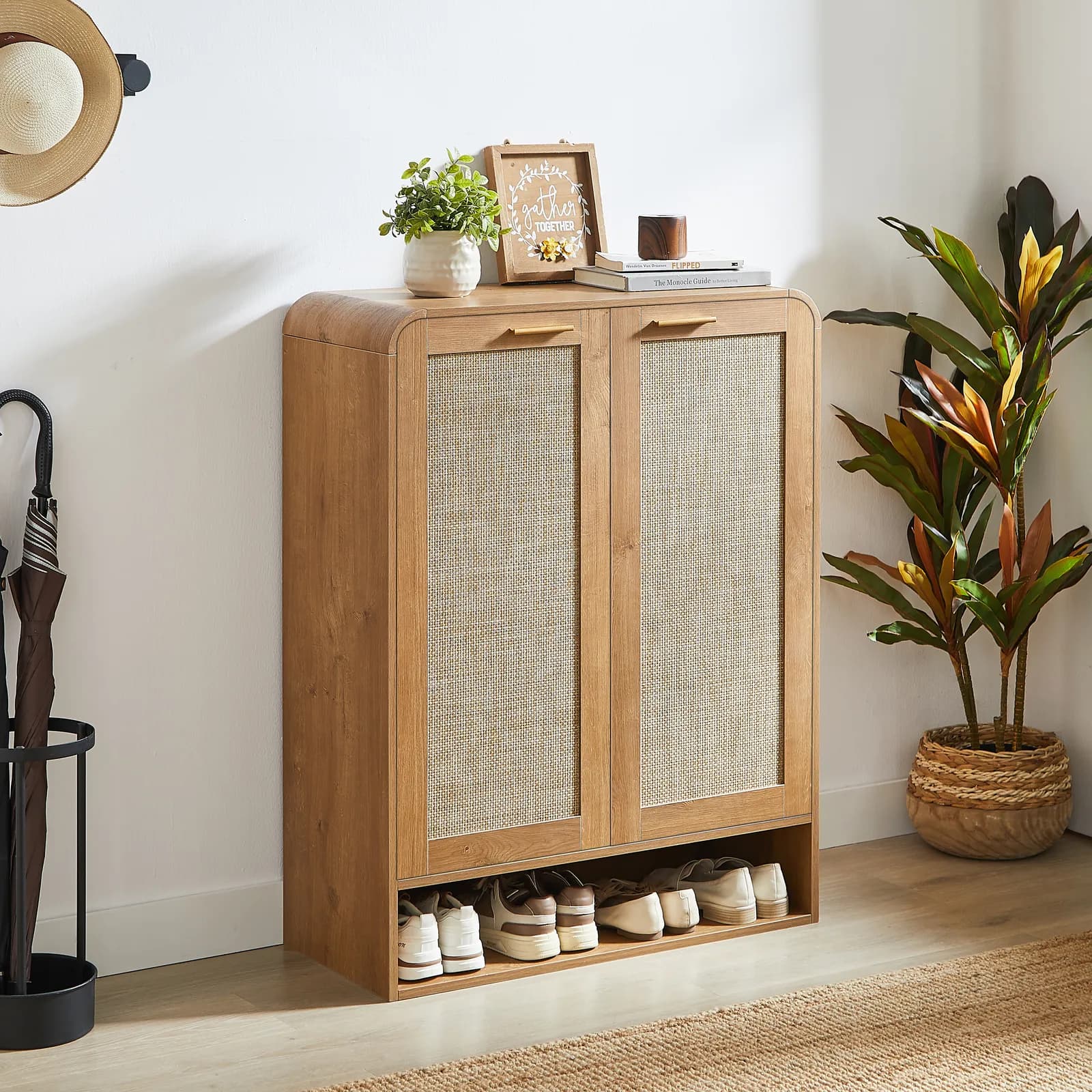 Rattan Shoe Cabinet with Doors, 6-Tier Shoe Storage Cabinet with Adjustable Shelves,…