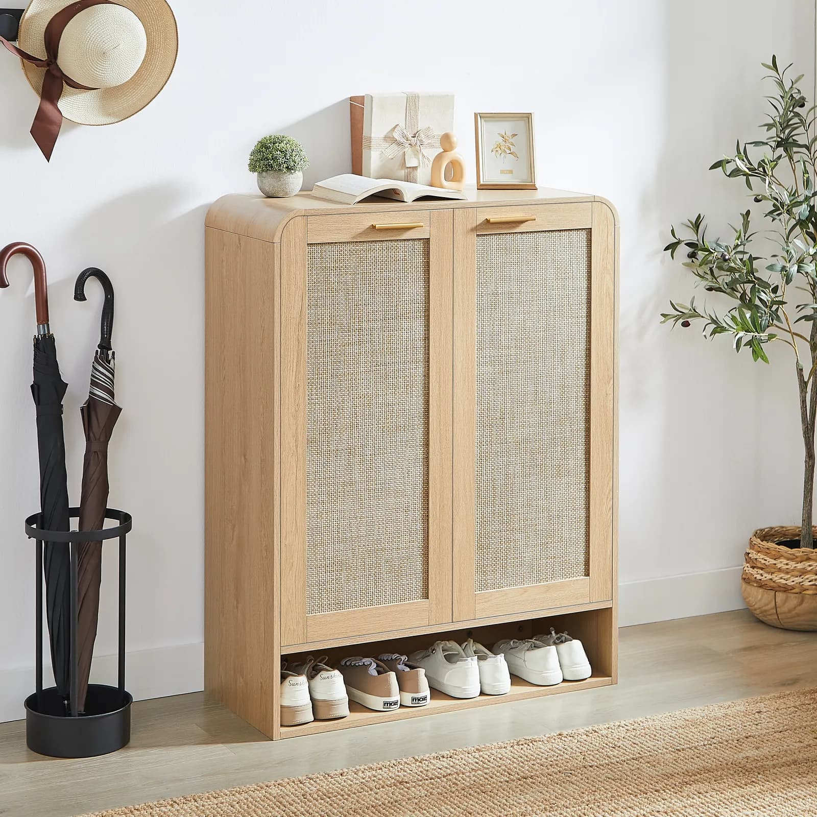 Rattan Shoe Cabinet with Doors, 6-Tier Shoe Storage Cabinet with Adjustable Shelves,…