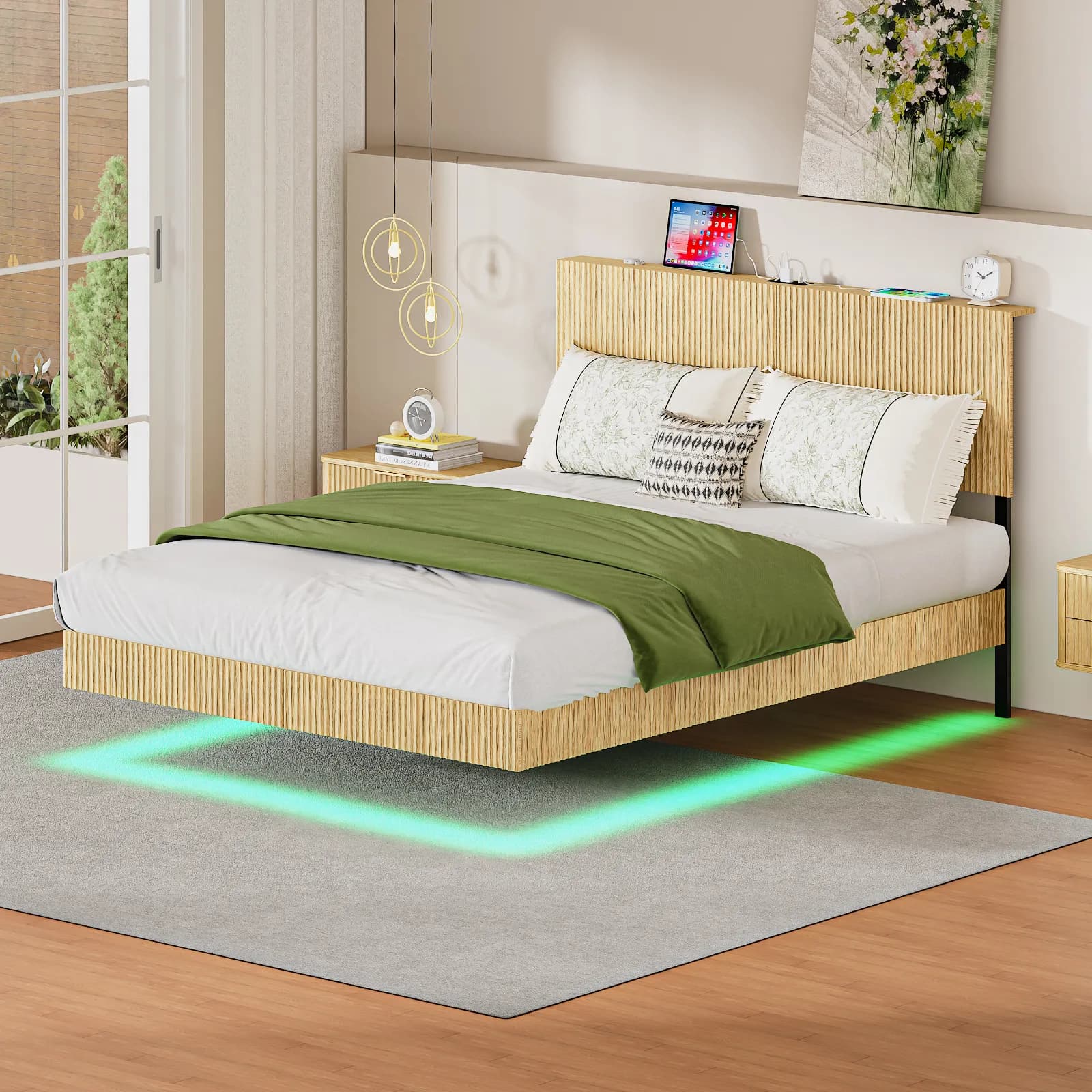 Oak Queen floating bedstead, with charging station and LED lights, wavy headboard, with…