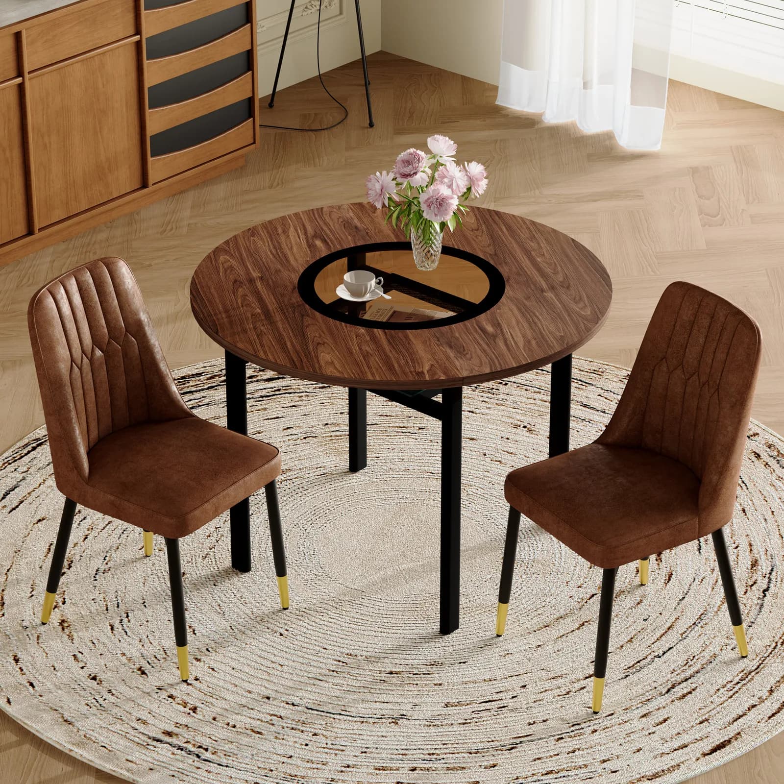 Table and chair set, 42 inch modern minimalist brown wood grain round dining table set,…