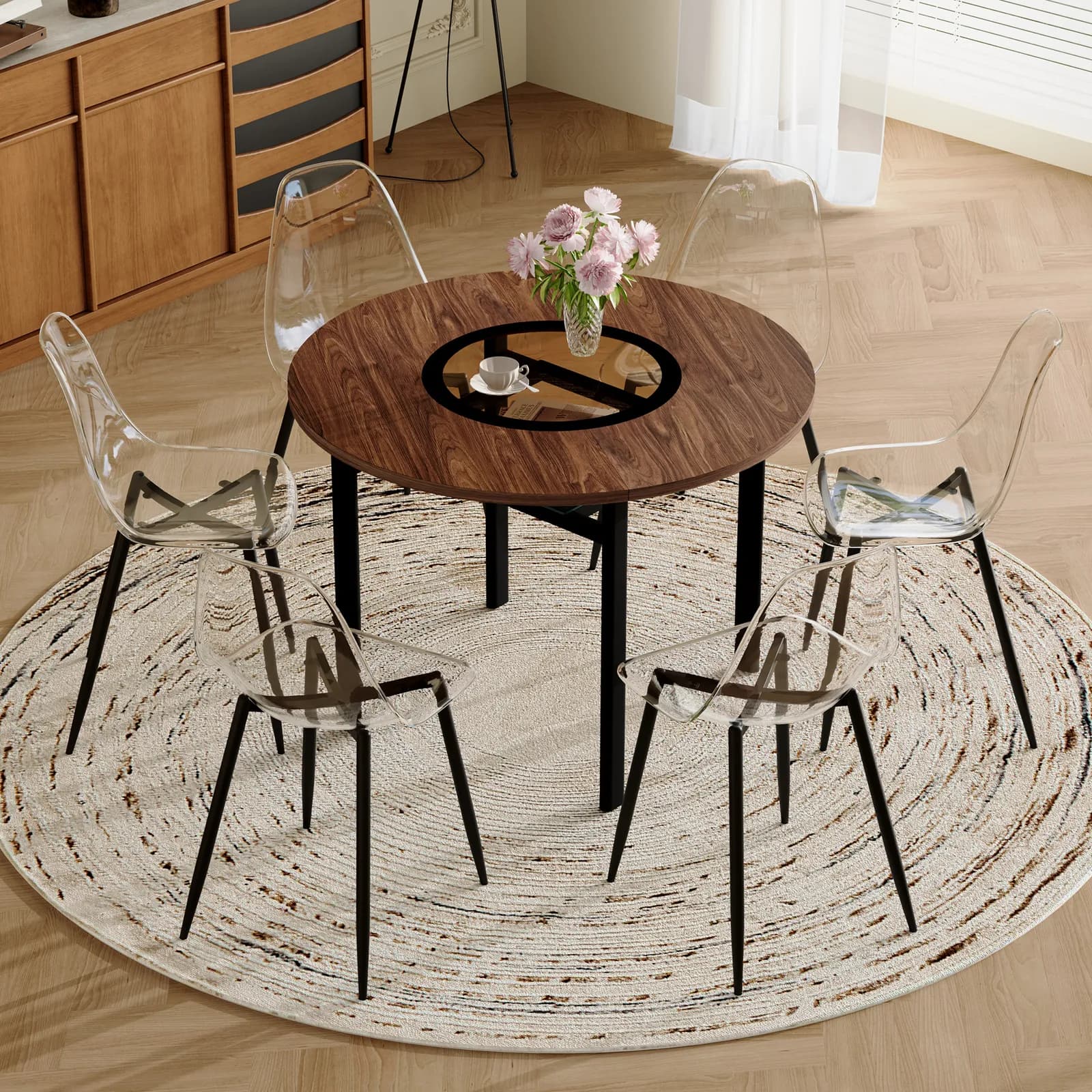 Table and chair set, 42 inch modern minimalist brown wood grain round dining table set,…