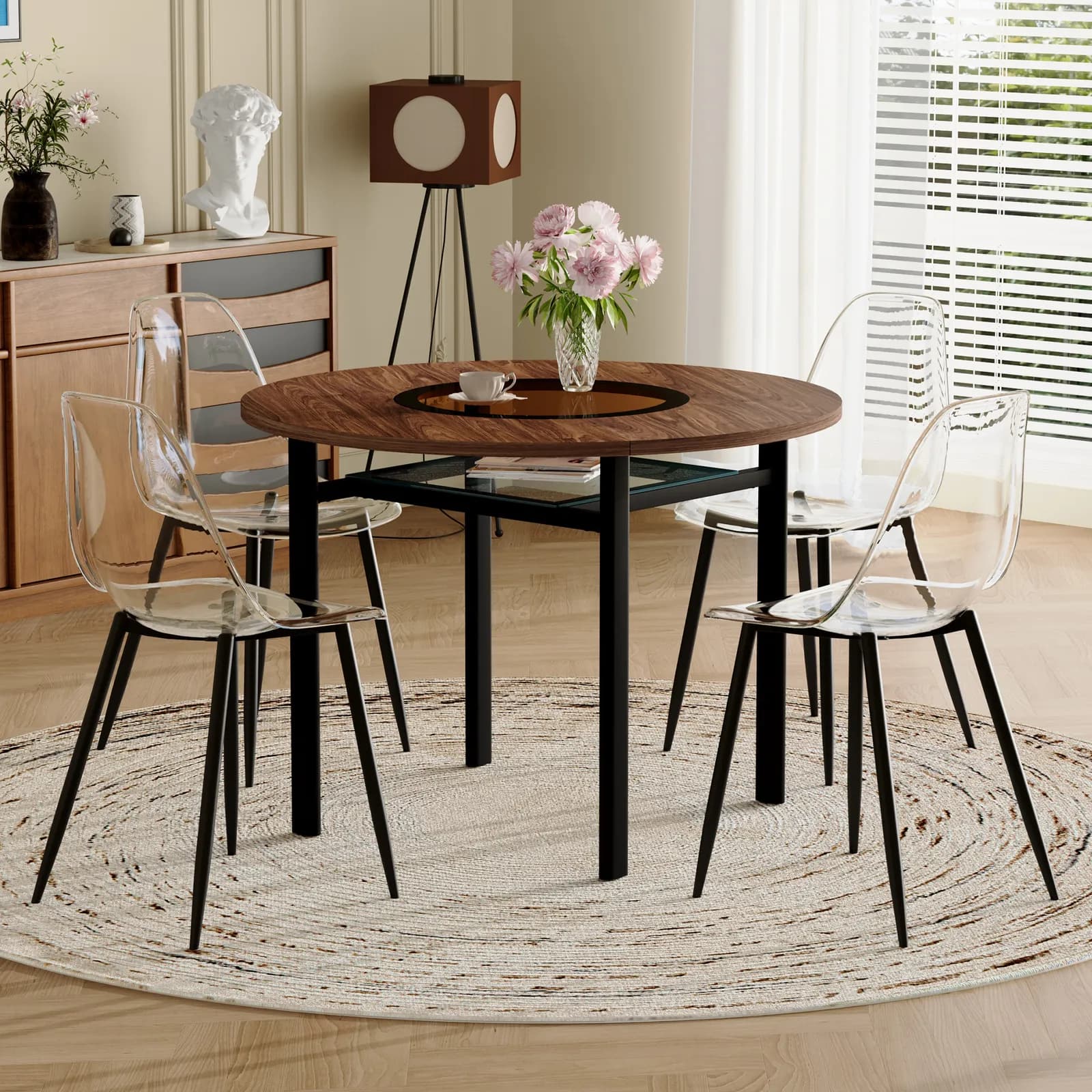 Table and chair set, 42 inch modern minimalist brown wood grain round dining table set,…