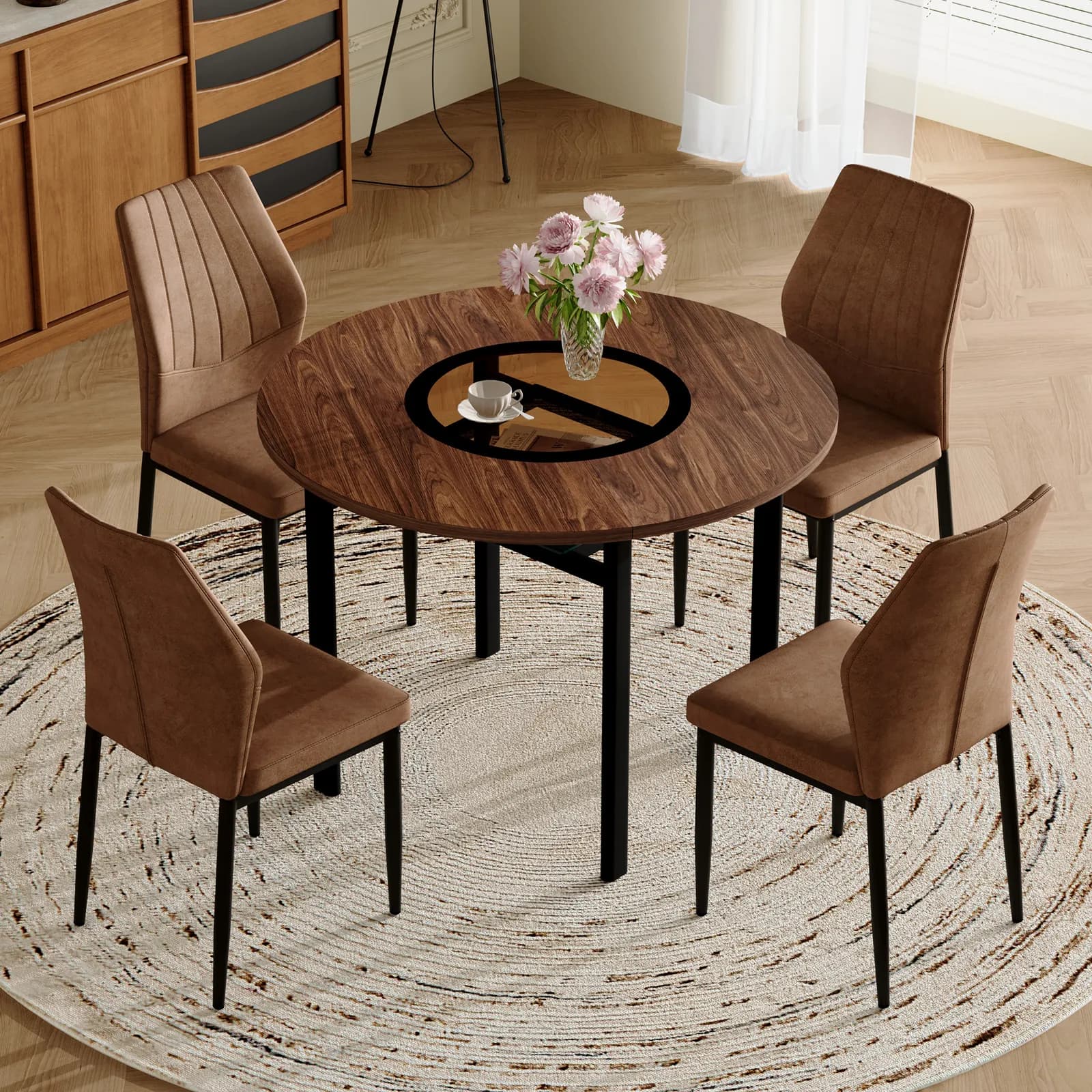 42 inch modern minimalist brown wood grain round dining table set, 4 Brown-and-Black…