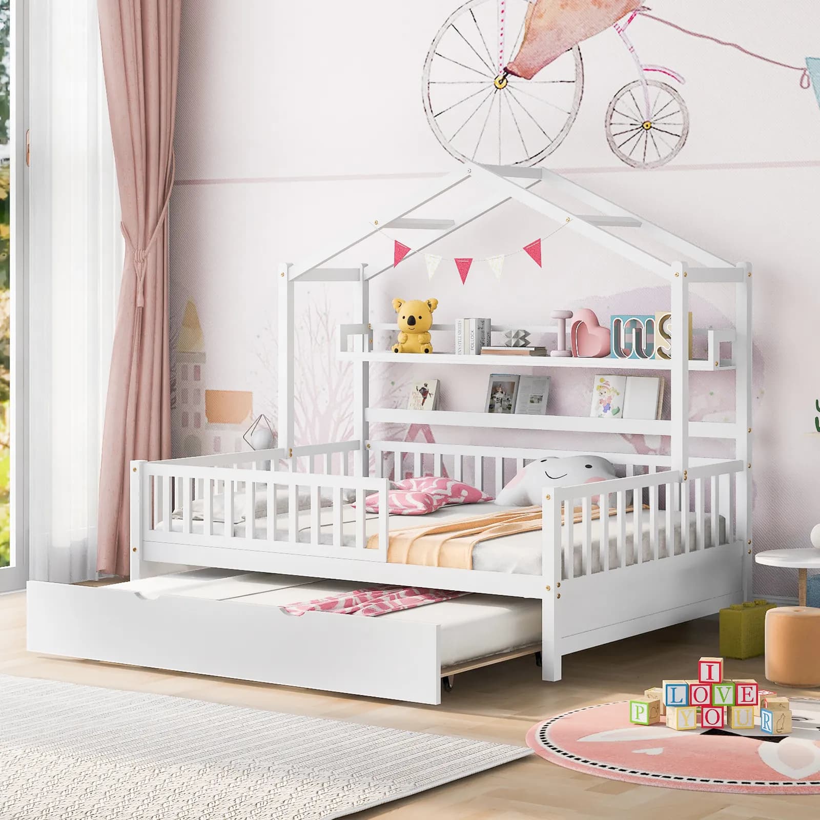 Wooden Full Size House Bed with Twin Size Trundle, Kids Bed with Shelf, White