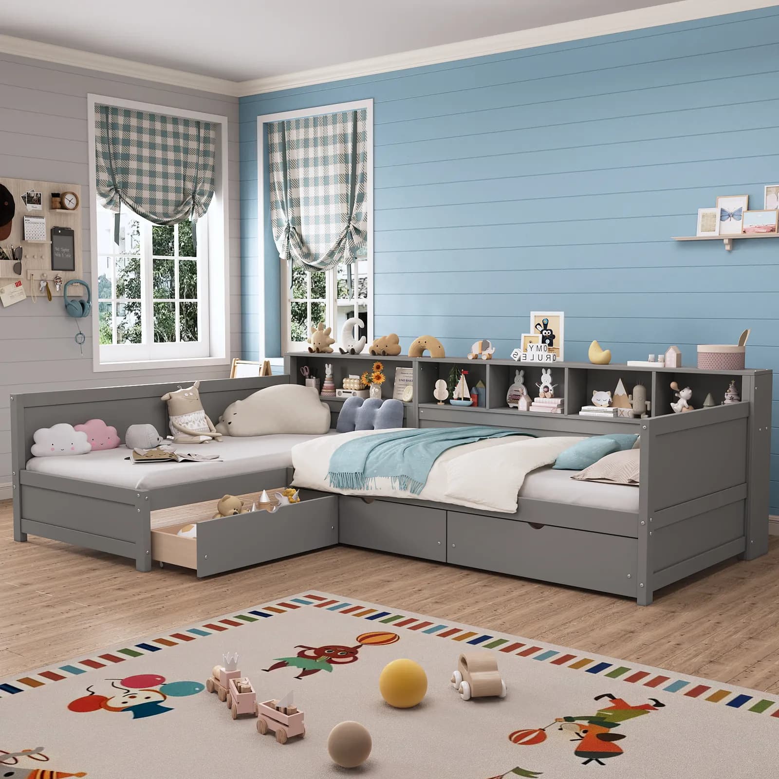 Twin Size Day Bed for 2, L- Shape Twin Size Bed Frame with Storage 3 Drawers, Wooden…