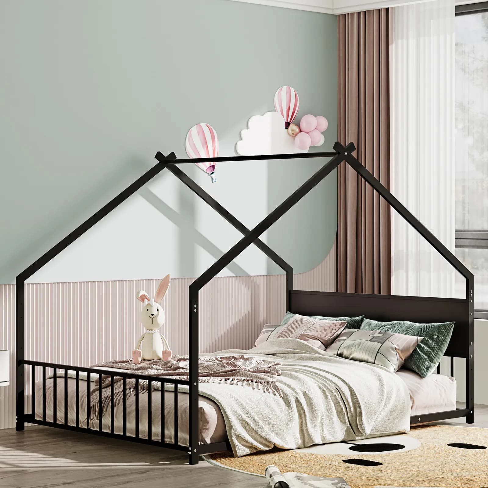 Full Size House Bed with Roof and Colorful Lights, Metal Bed Frame with Slats and Legs,…
