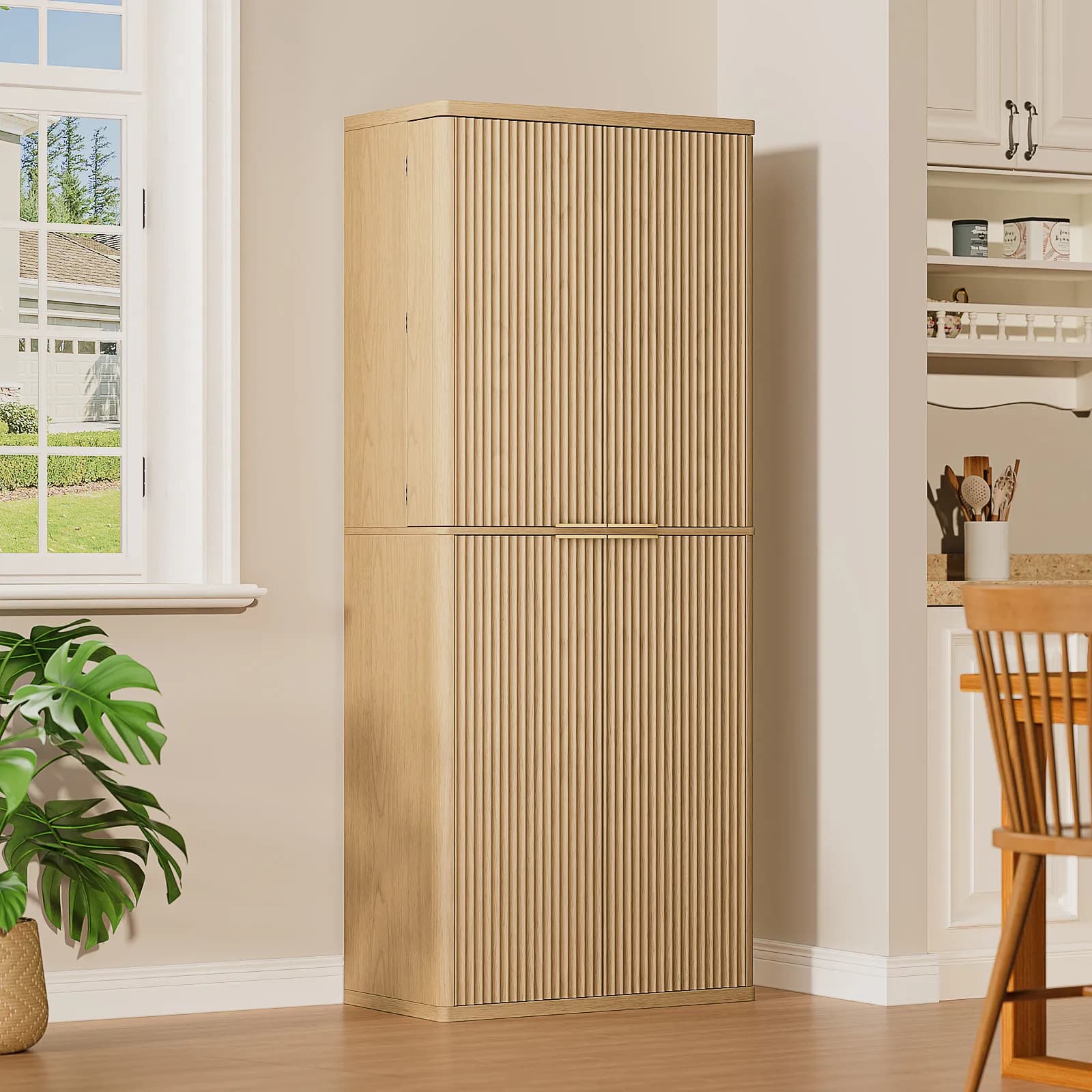 72" Tall Kitchen Pantry Modern Fluted Wood Storage Cabinet with Doors, 6 Door Shelves,…