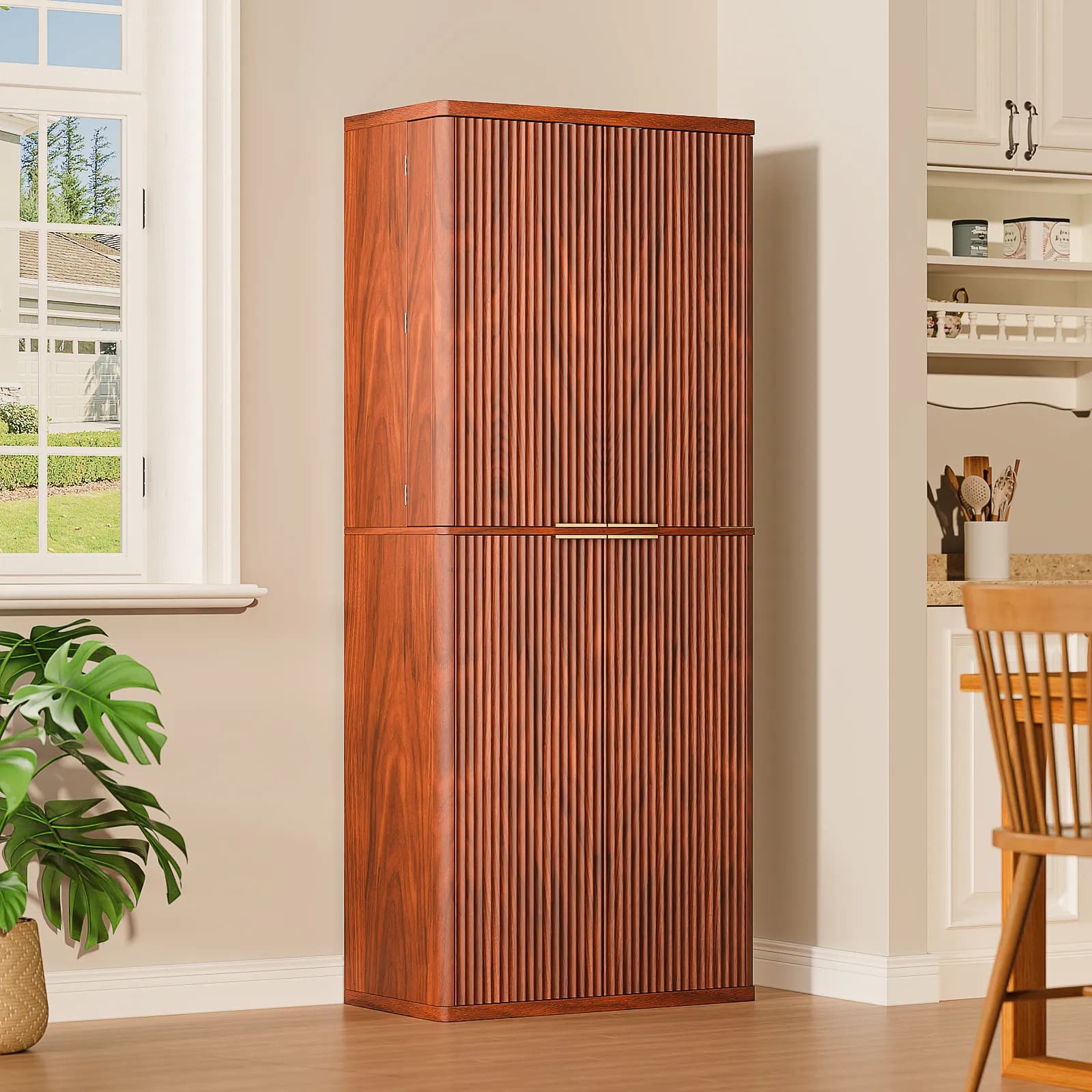72" Tall Kitchen Pantry Modern Fluted Wood Storage Cabinet with Doors, 6 Door Shelves,…