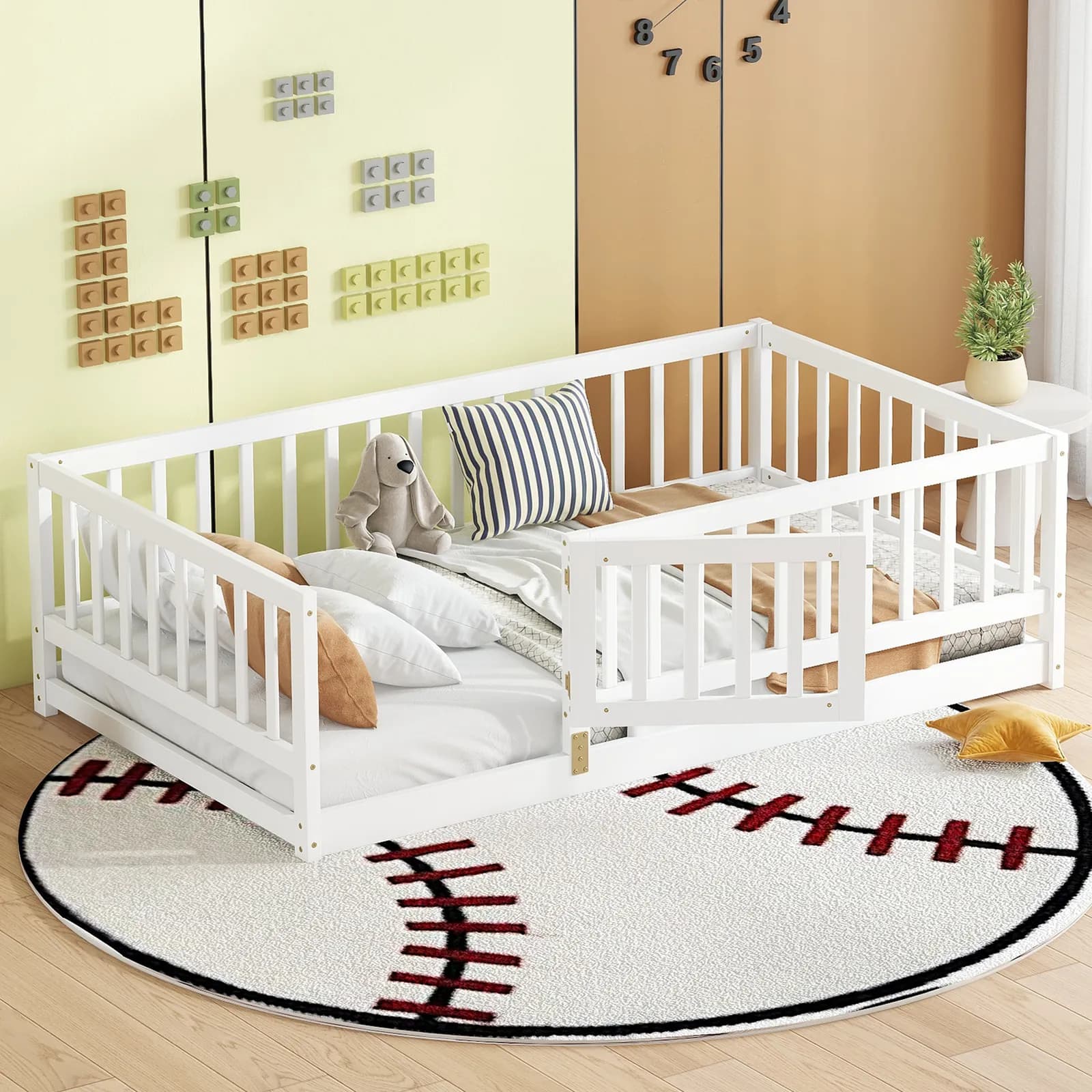 Twin Size Floor Bed with Slats, Montessori Floor Bed with Fence and Door, Kids Montessori…