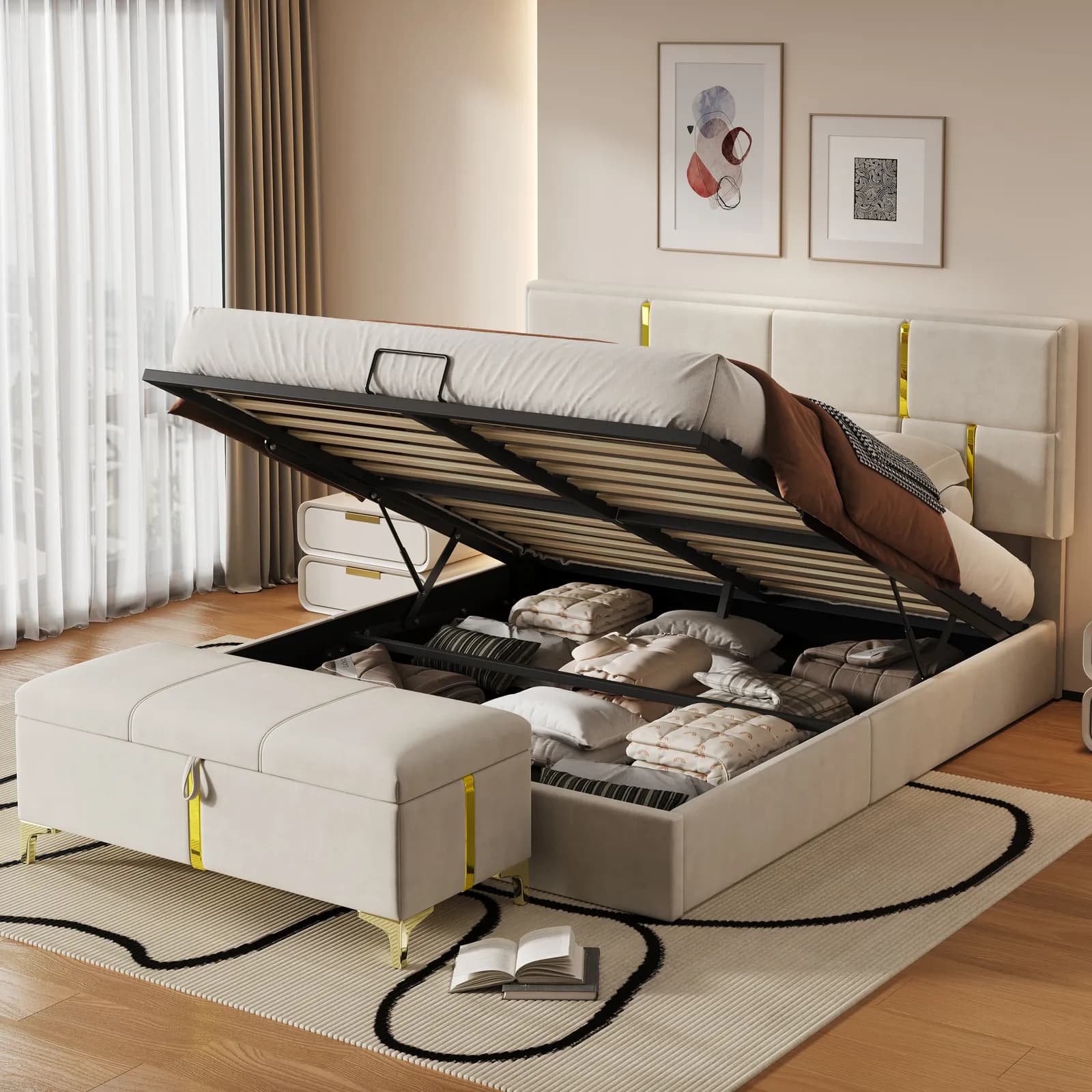 2-Pieces Bedroom Sets, Queen Size Upholstered Platform Bed with Hydraulic Storage System,…