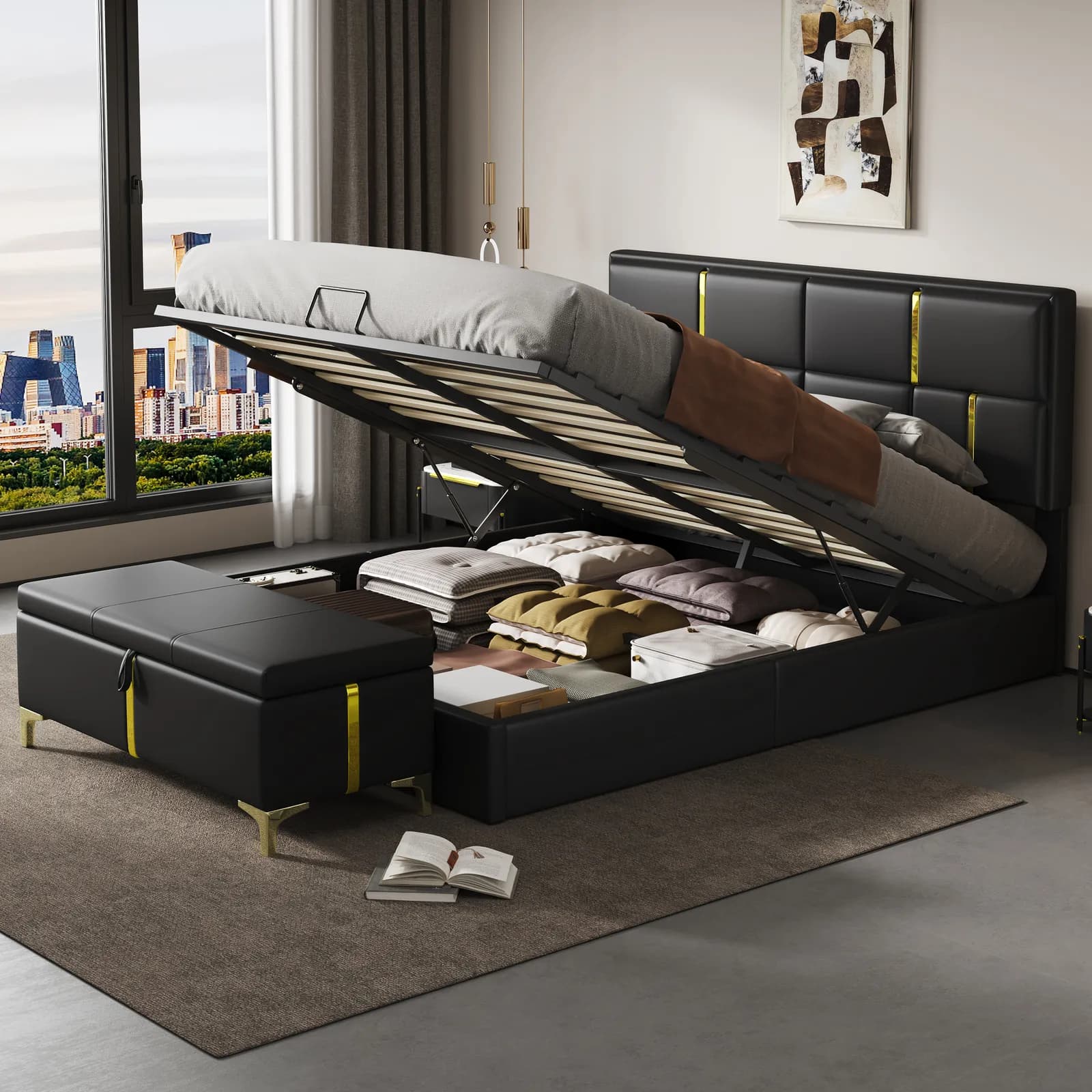 2-Pieces Bedroom Sets, Queen Size Upholstered Platform Bed with Hydraulic Storage System,…