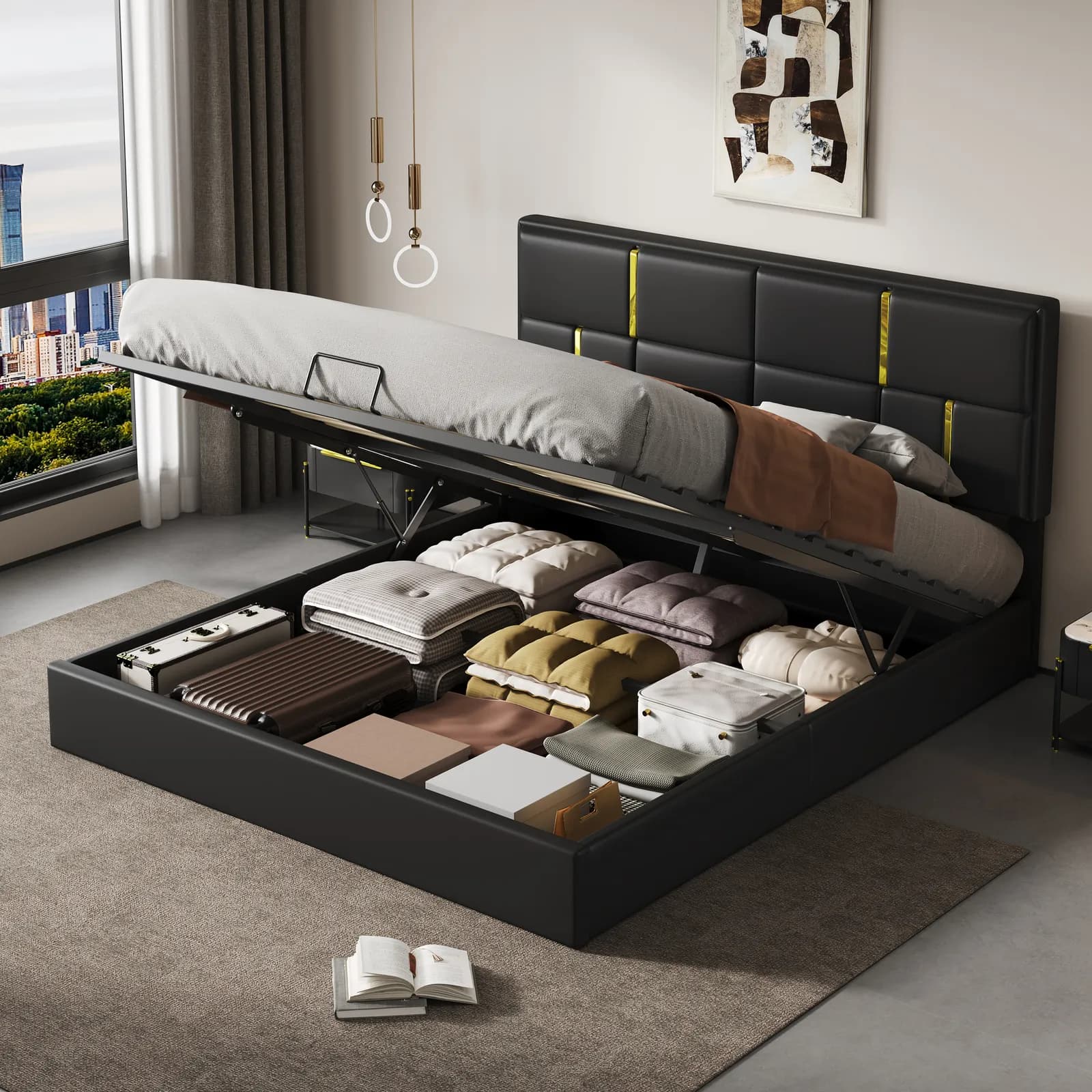Queen Size Upholstered Platform Bed with Hydraulic Storage System, No Box Spring Needed,…