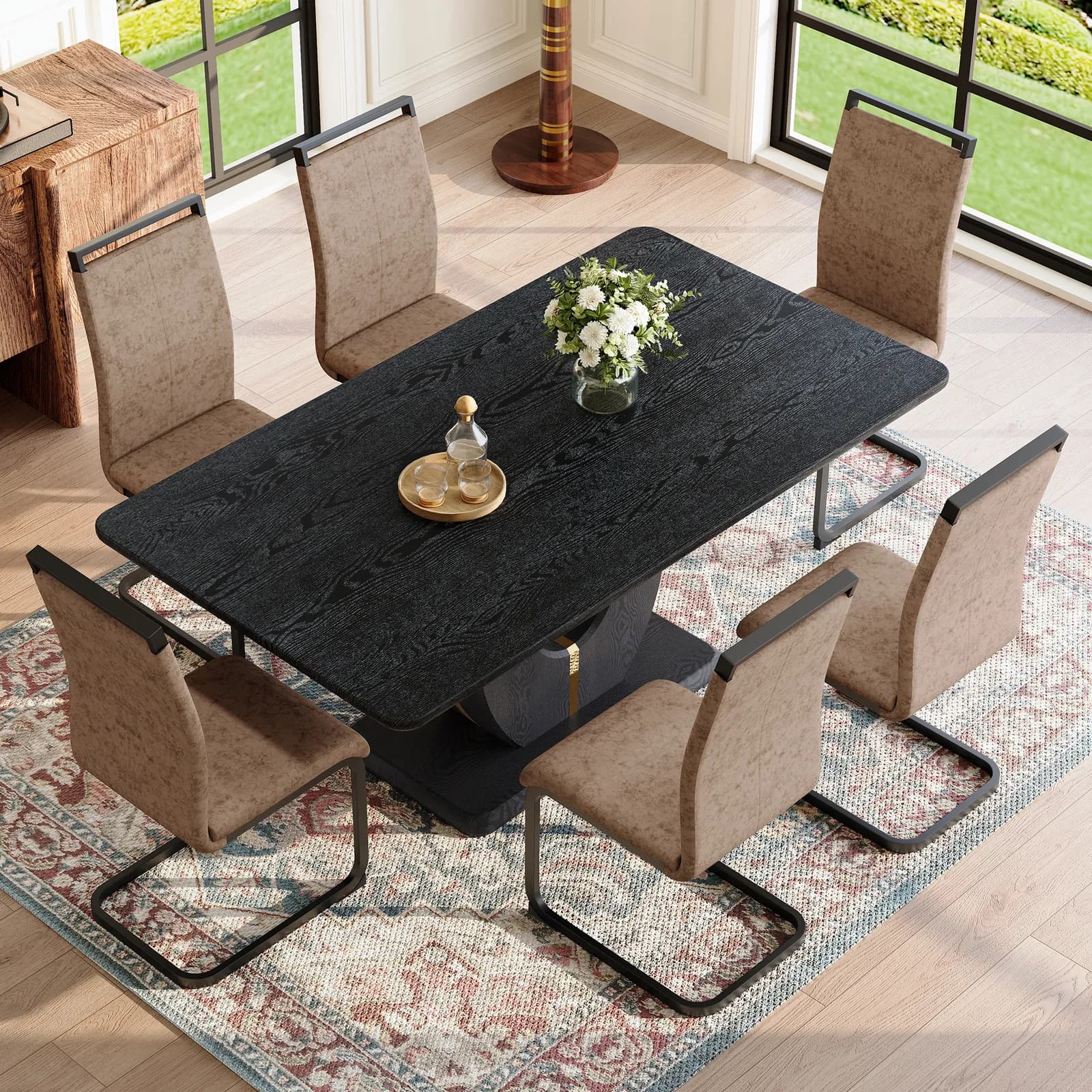 Black Wood Grain Dining Table Set for 6 people, 63" Modern MDF Dining Room Table Set,…