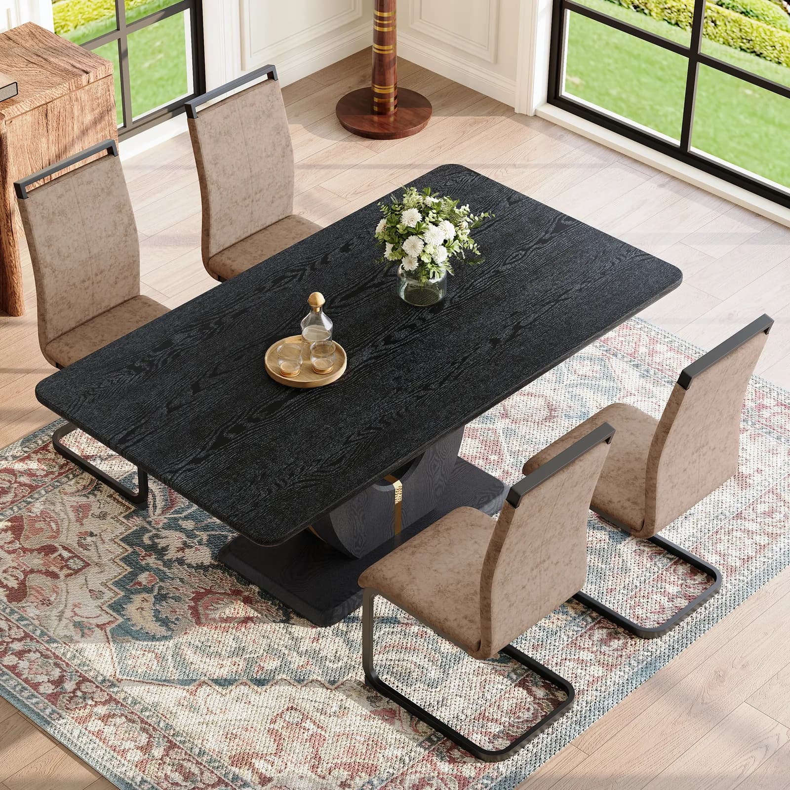 Black Wood Grain Dining Table Set for 4 people, 63" Modern MDF Dining Room Table Set,…