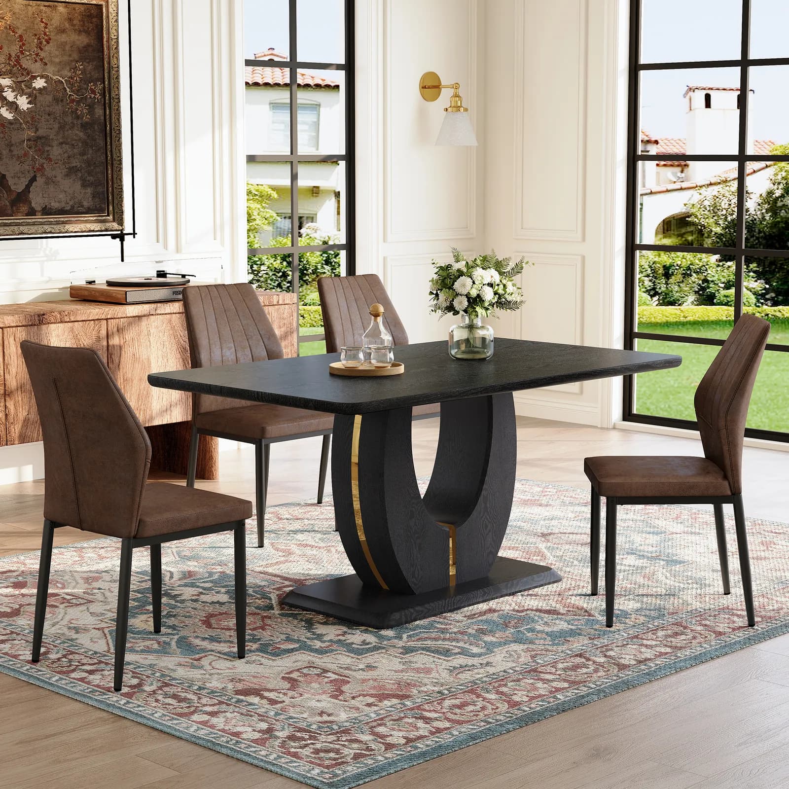 Black Wood Grain Dining Table Set for 4 people, 63" Modern MDF Dining Room Table Set,…