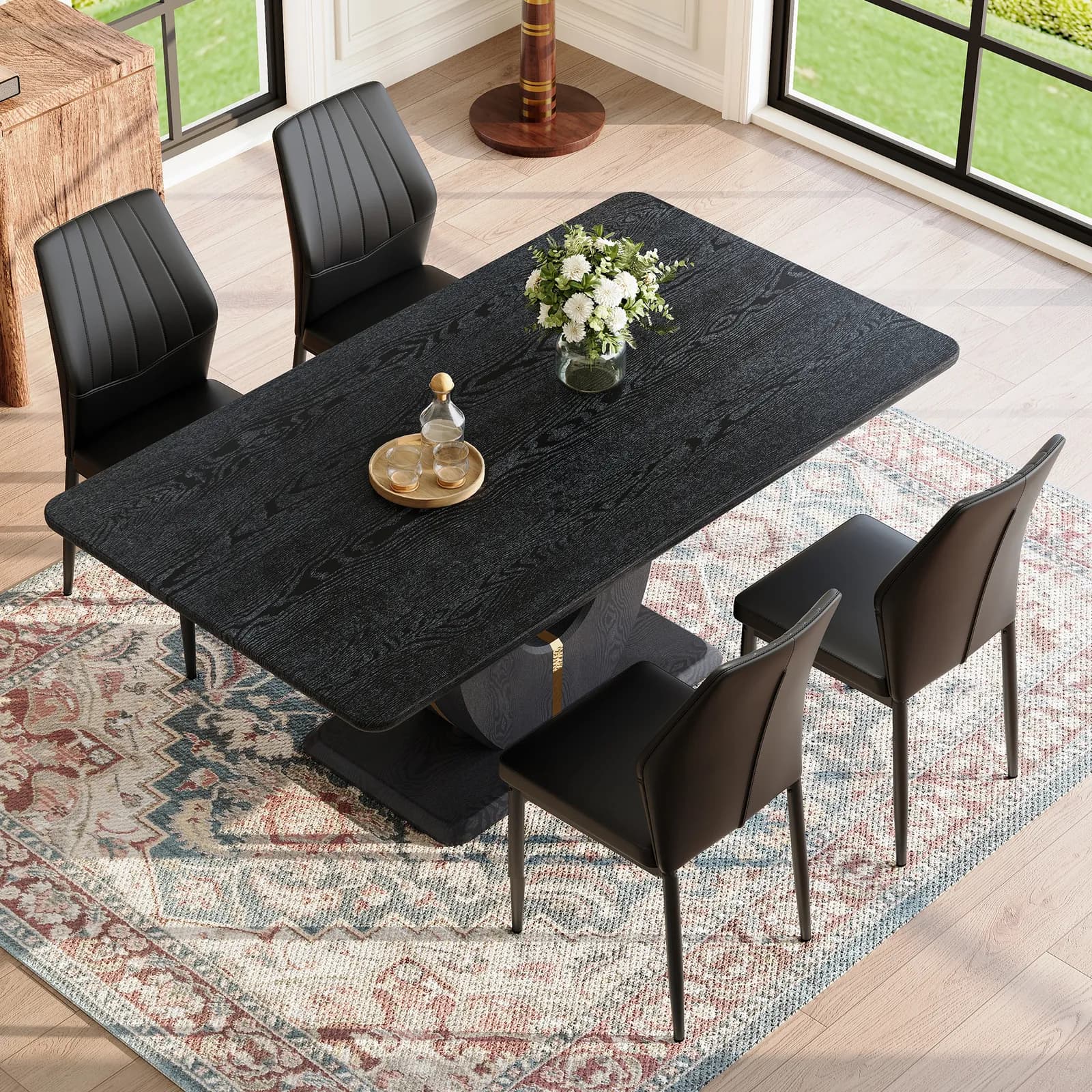 Black Wood Grain Dining Table Set for 4 people, 63" Modern MDF Dining Room Table Set,…