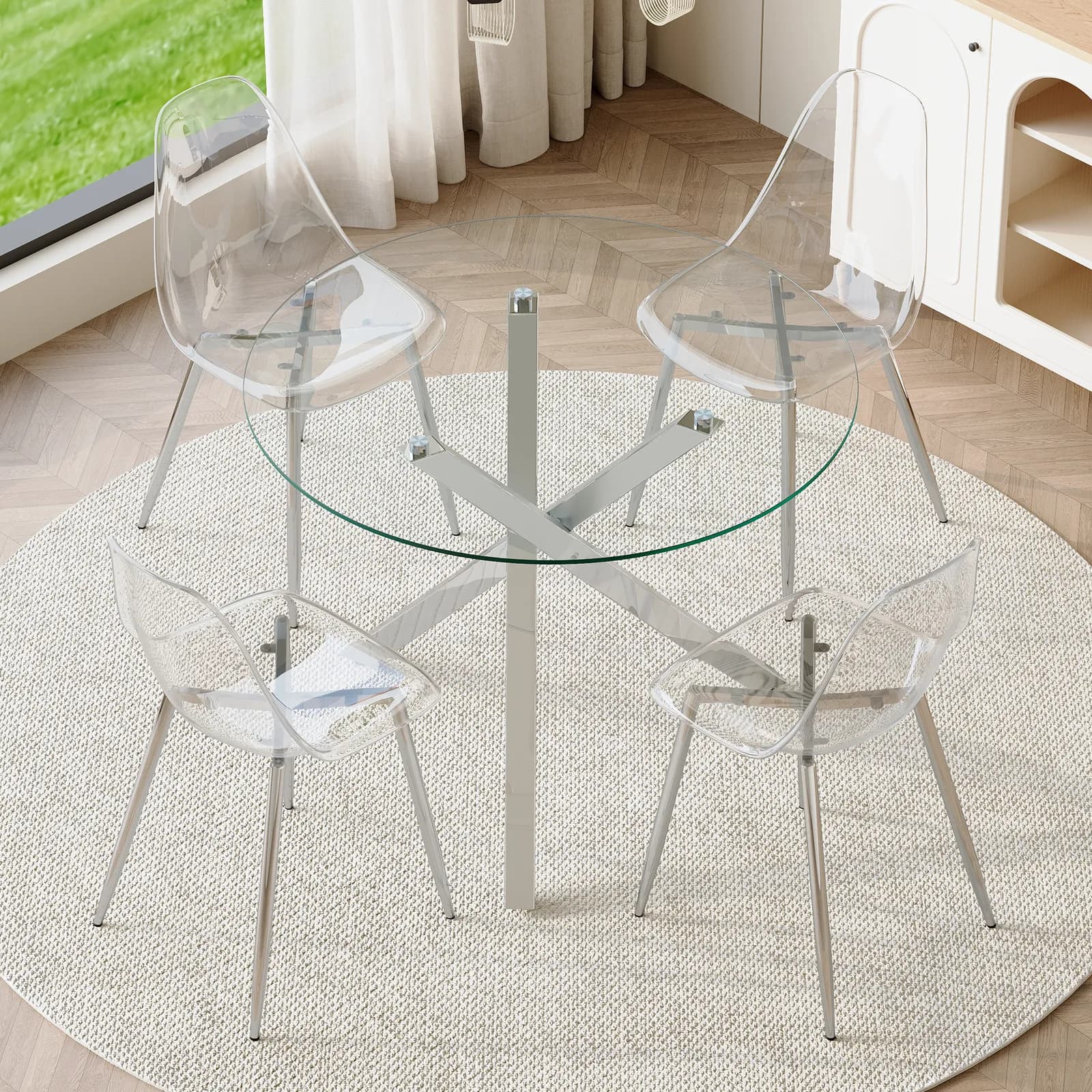 Table and chair set, Modern glass round table: 39 inch diameter, X-shaped silver metal…