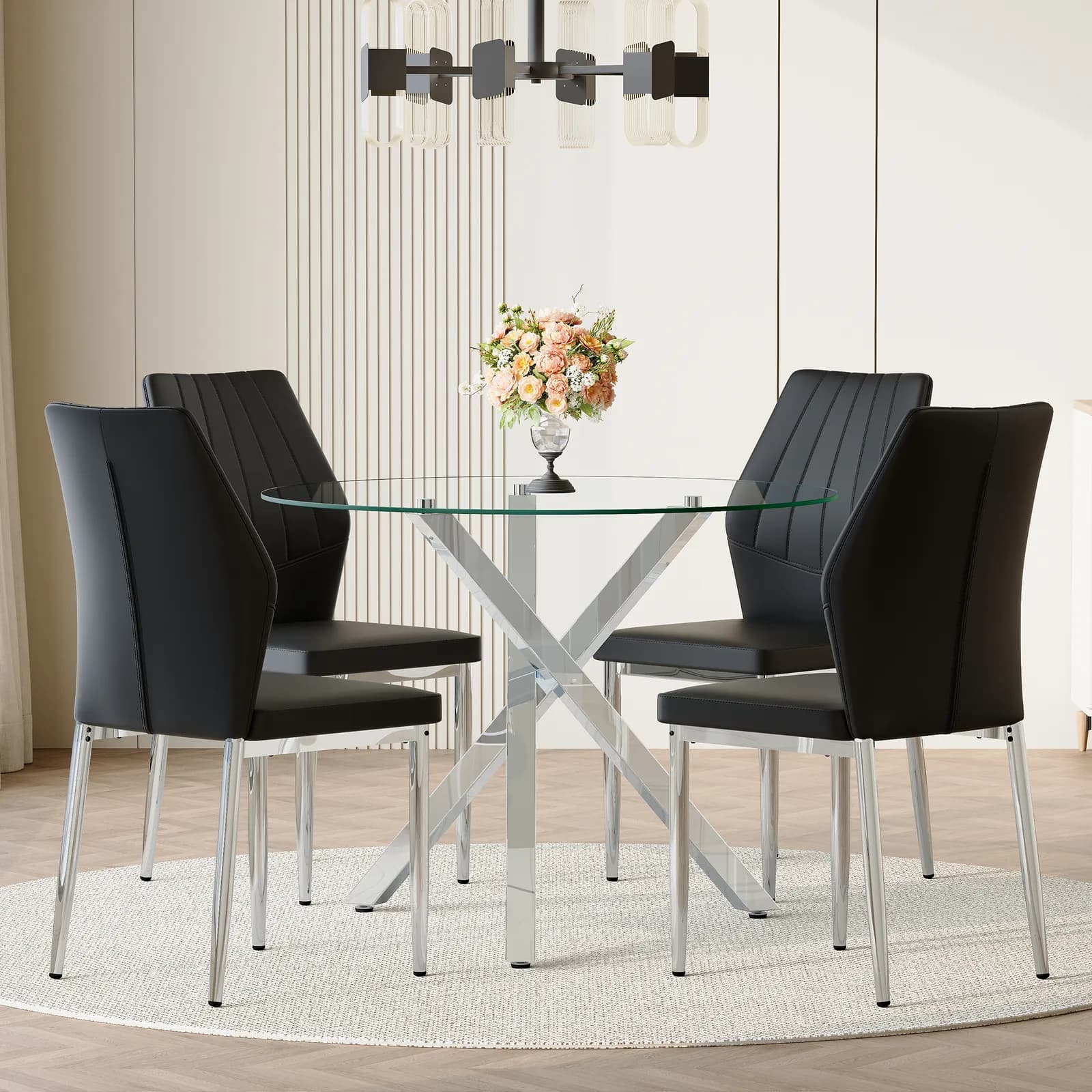 Table and chair set, Modern glass round table: 39 inch diameter, X-shaped silver metal…