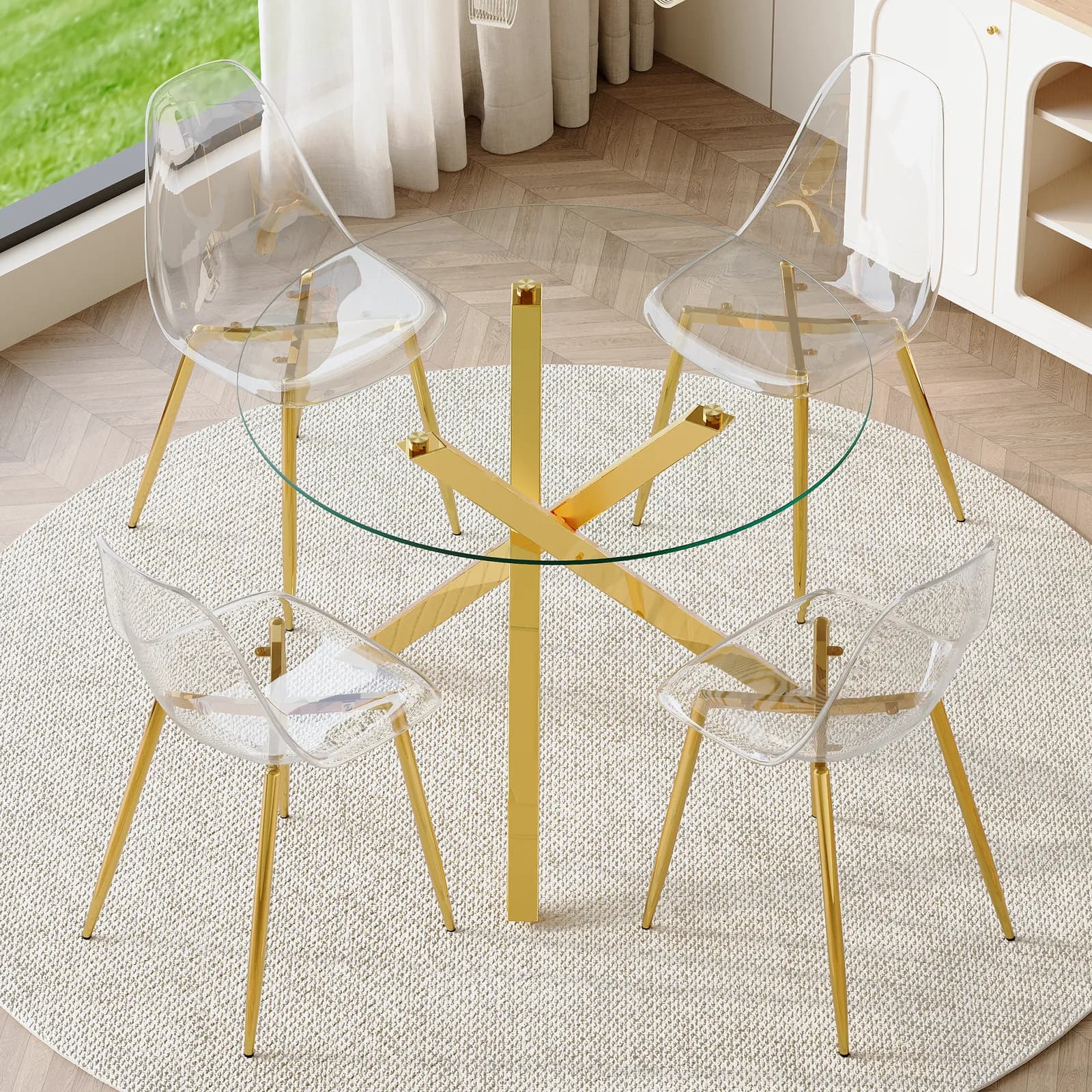 Table and chair set, Modern glass round table: 39 inch diameter, X-shaped golden metal…