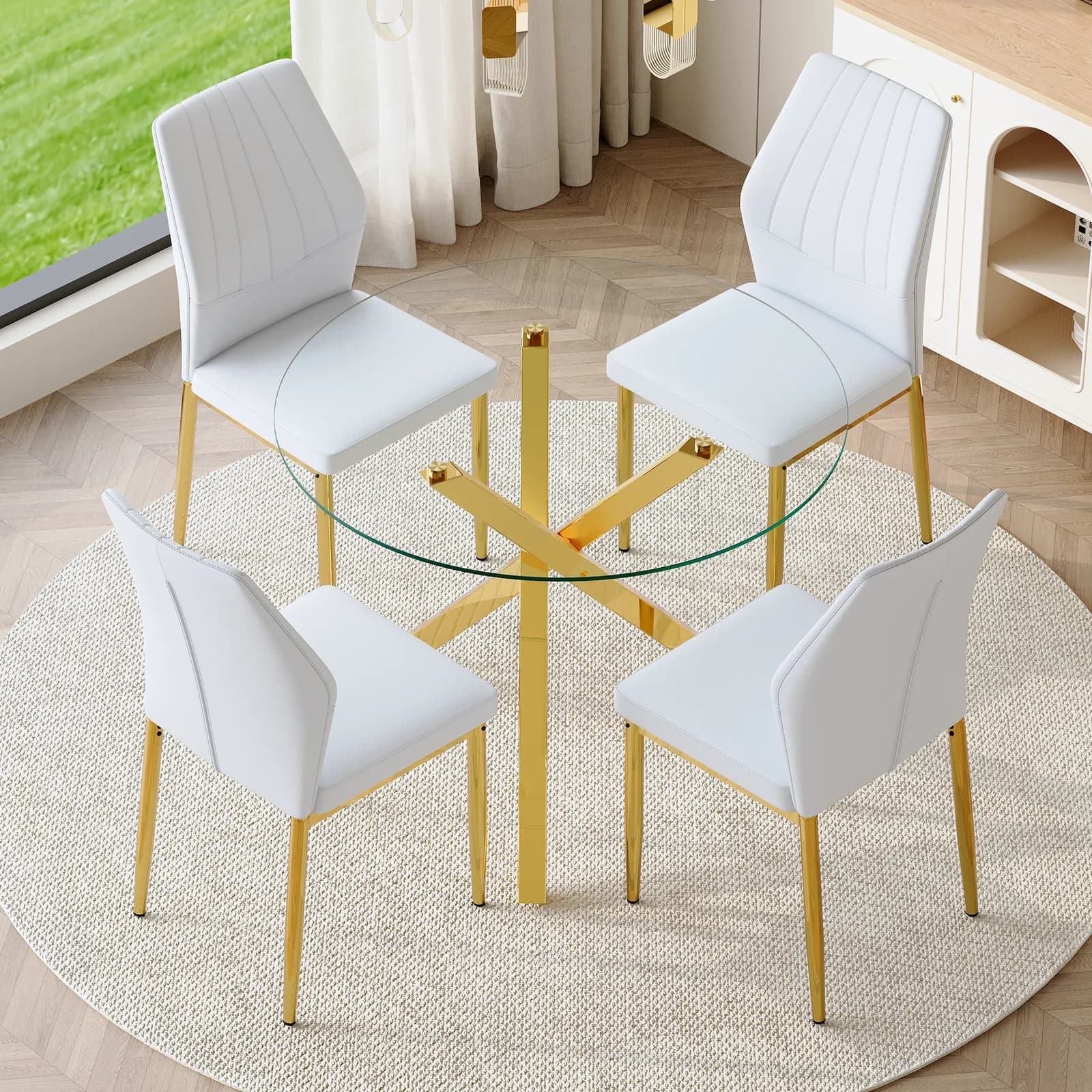 Table and chair set, Modern glass round table: 39 inch diameter, X-shaped golden metal…
