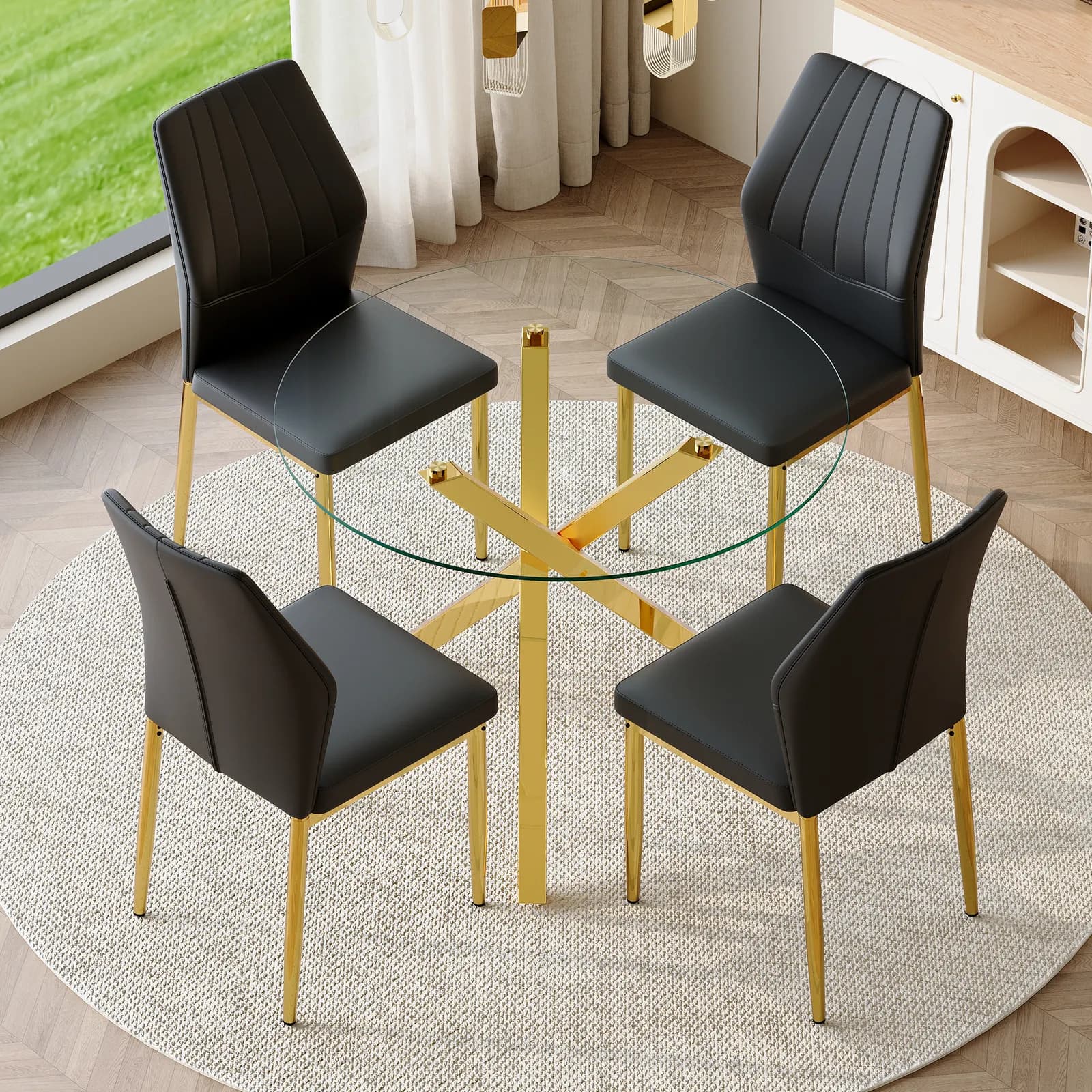 Table and chair set, Modern glass round table: 39 inch diameter, X-shaped golden metal…