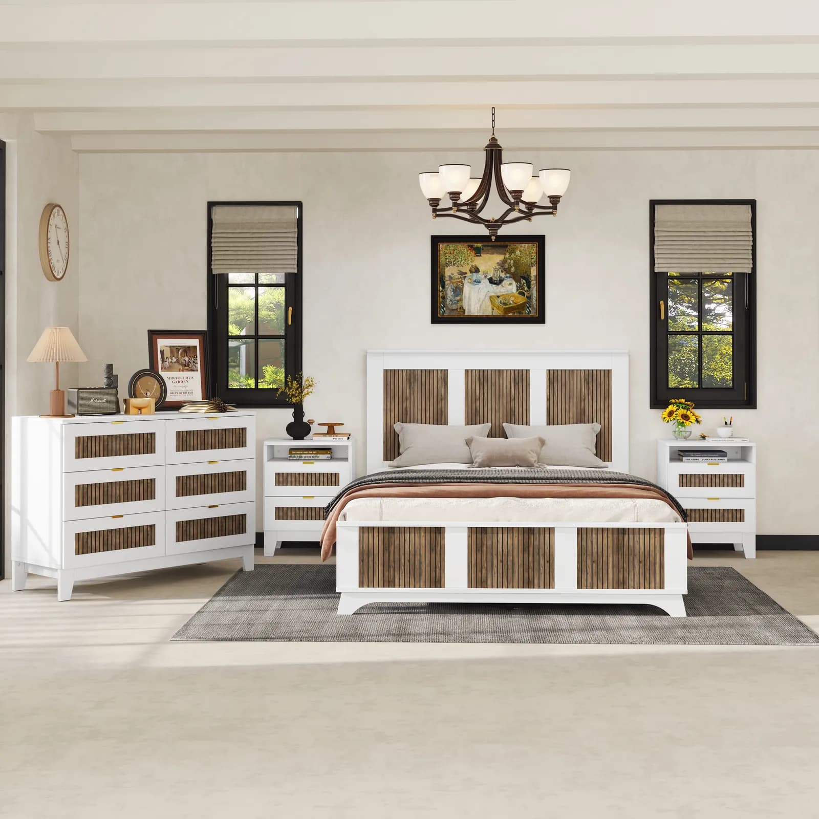 4-Pieces Bedroom Sets, Queen Size Farmhouse Platform Bed with Wooden Strip Stickers…
