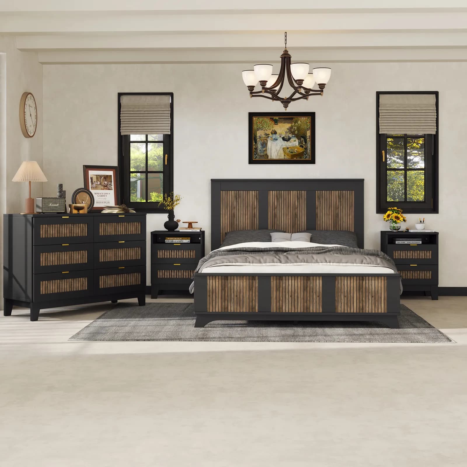 4-Pieces Bedroom Sets, Queen Size Farmhouse Platform Bed with Wooden Strip Stickers…