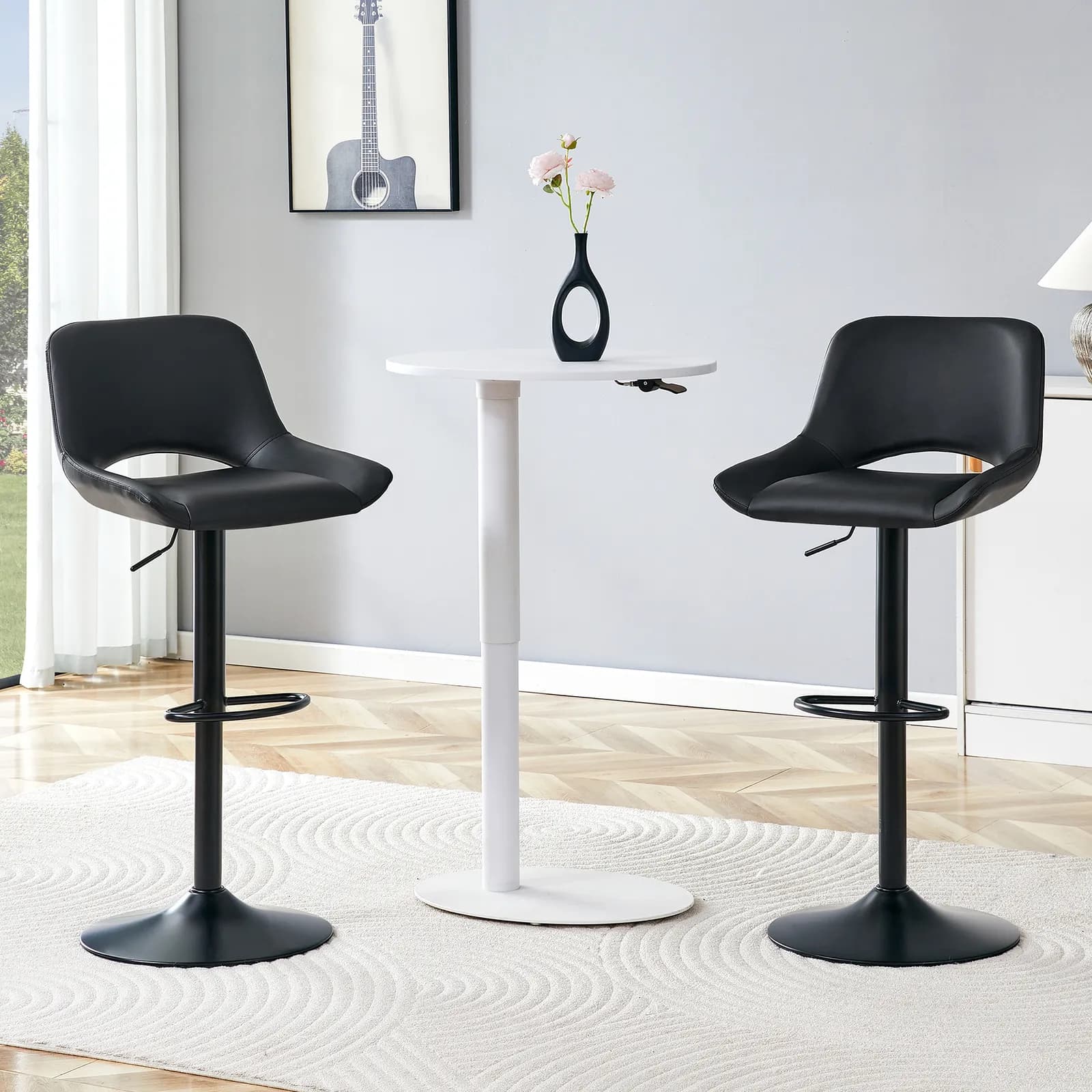 Modern Swivel Adjustable Bar Stools Set - 2 Pack, Black PU Material, with Footrest, Holds…