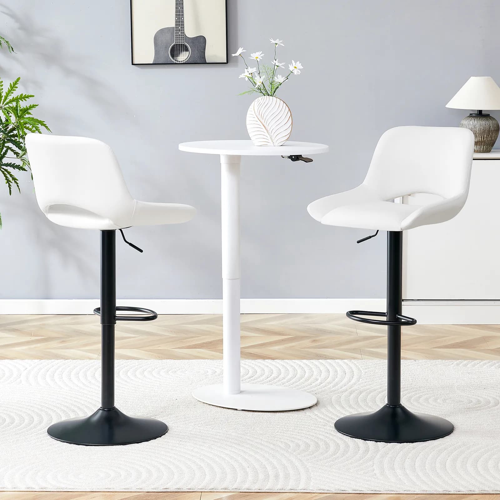 Modern Swivel Adjustable Bar Stools Set - 2 Pack, White PU Material, with Footrest, Holds…
