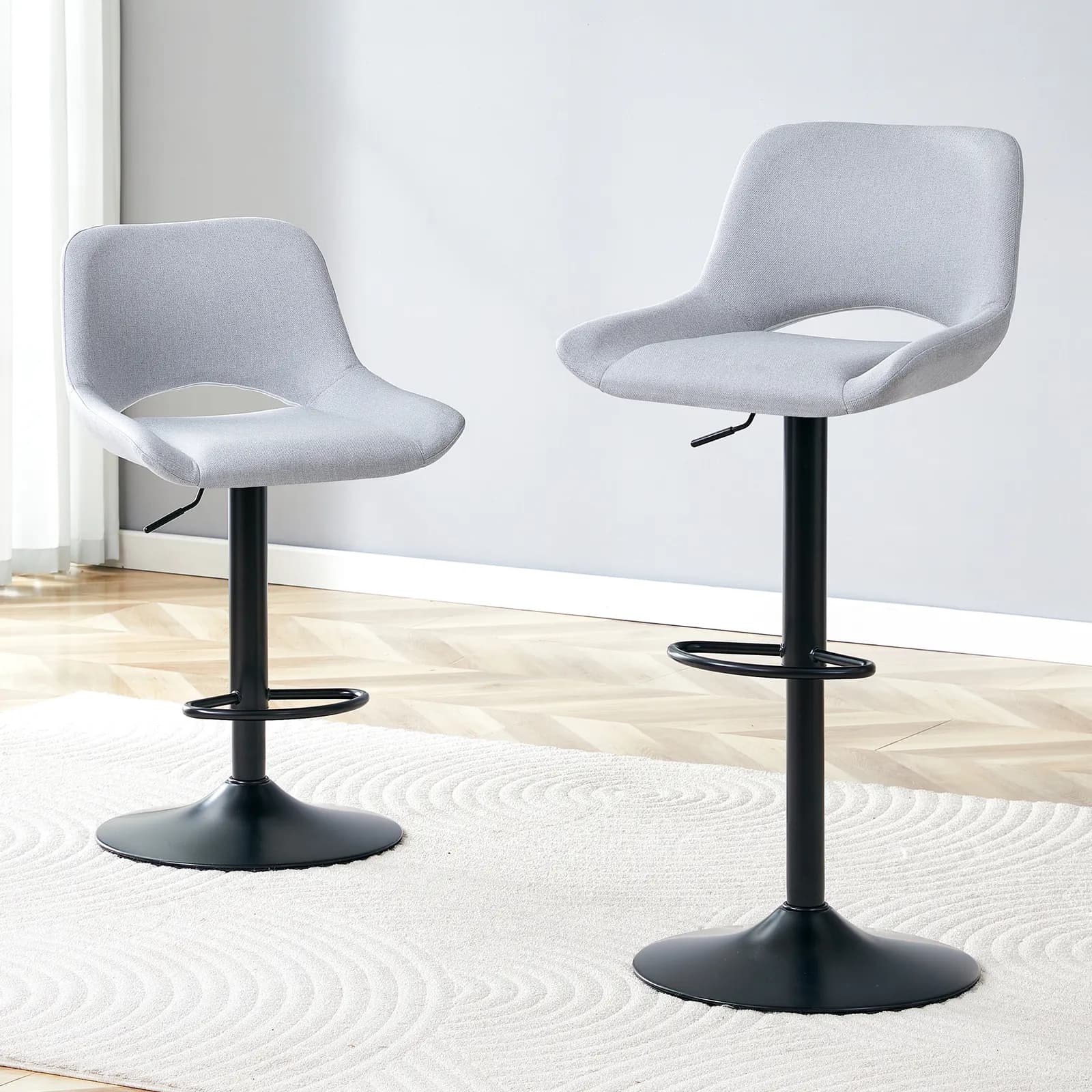 Modern Swivel Adjustable Bar Stools Set - 2 Pack, Light Gray Linen Fabric, Holds Up to…