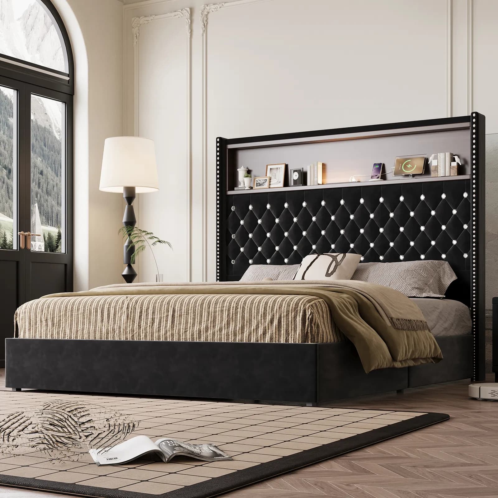 Queen Size Velvet Tufted Soft Bed Frame with USB Port and Night Light, 52'' High…