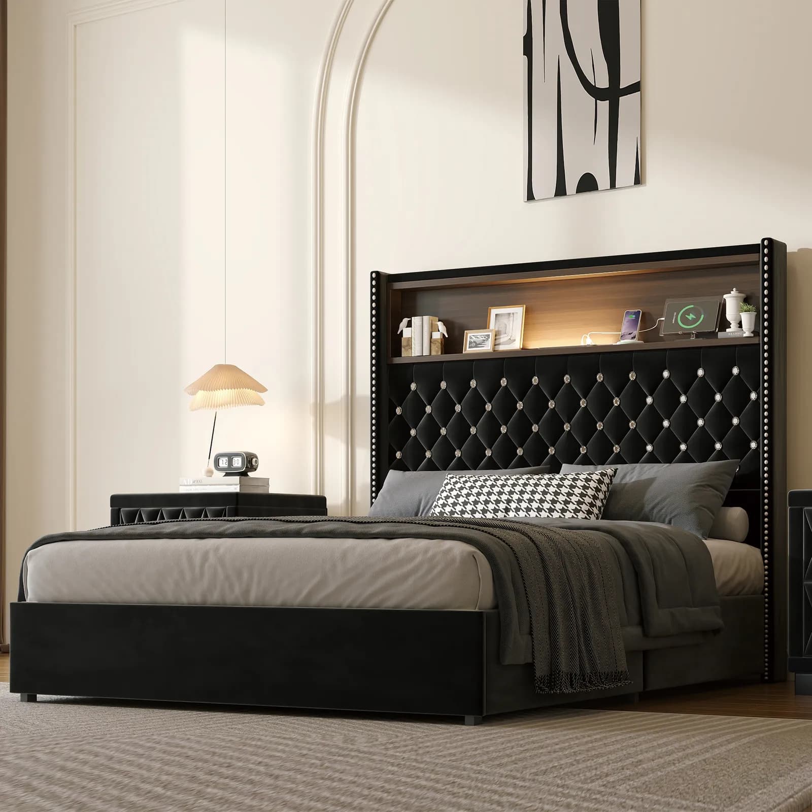 Full Size Velvet Tufted Soft Bed Frame with USB Port and Night Light, 52''High Headboard…