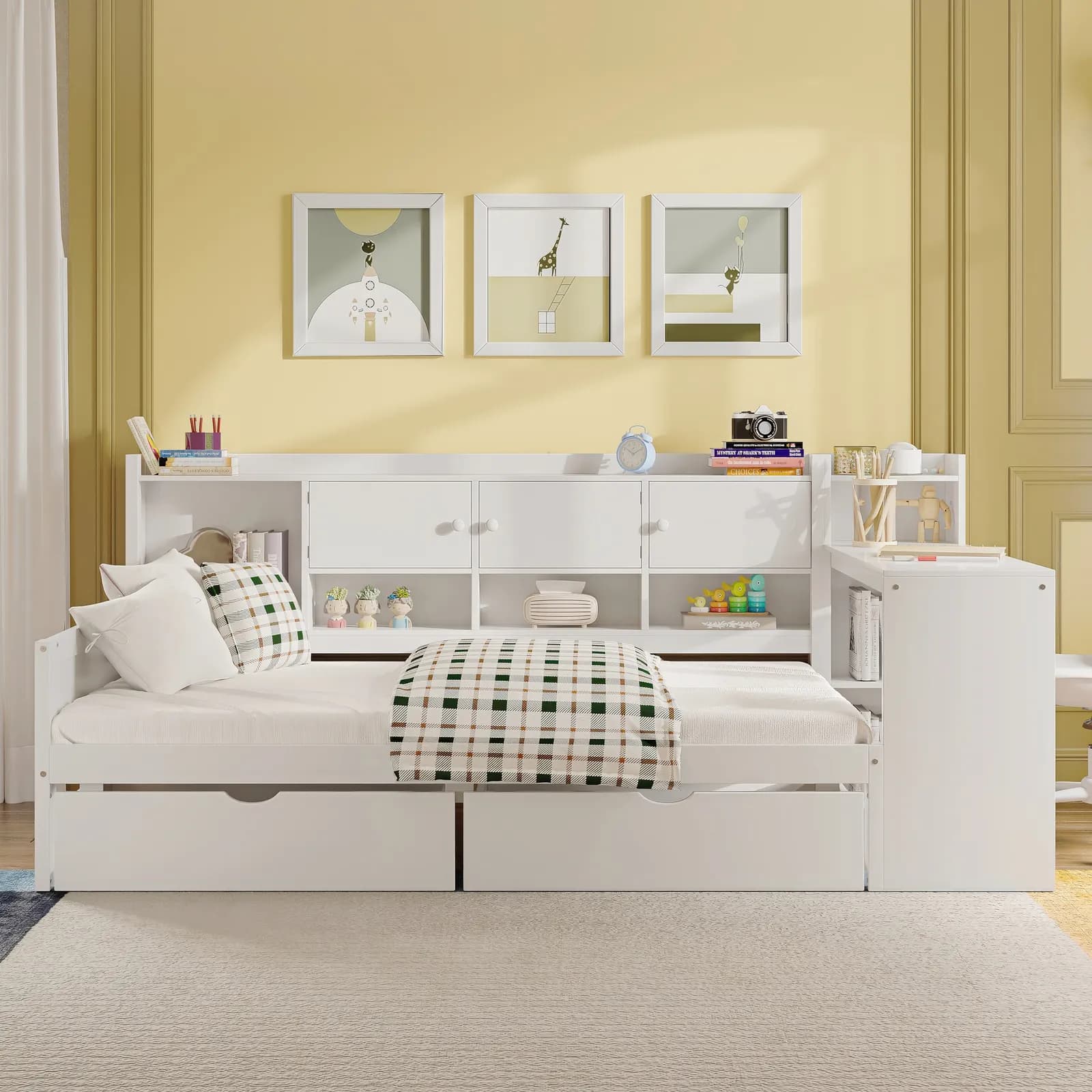 Wooden L-Shape Daybed with Seven Storage Cabinets and Two Storage Drawers,…