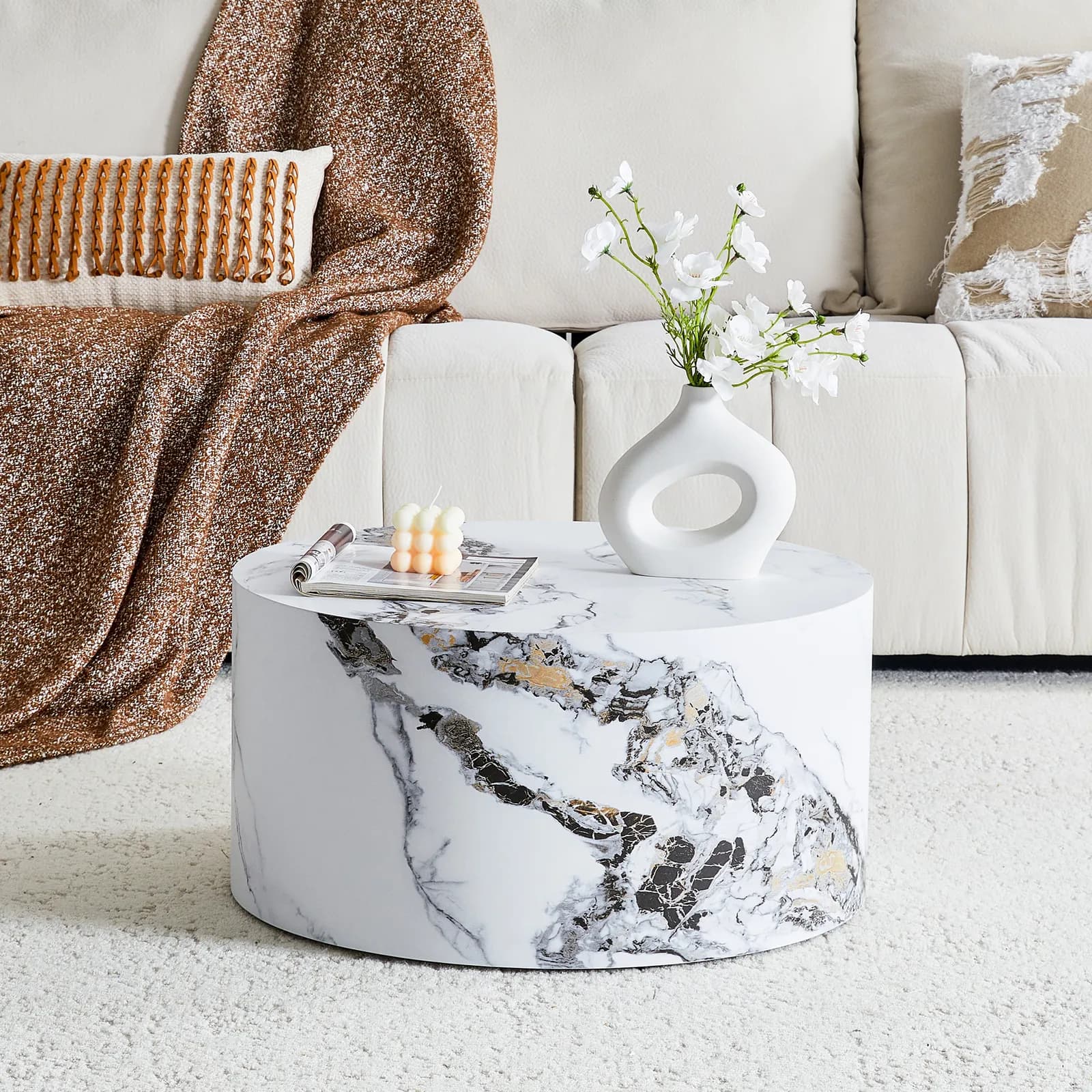 Simple White MarbleTexture Round MDF Coffee Table: 23, 6" Diameter × 11, 8" Height,…
