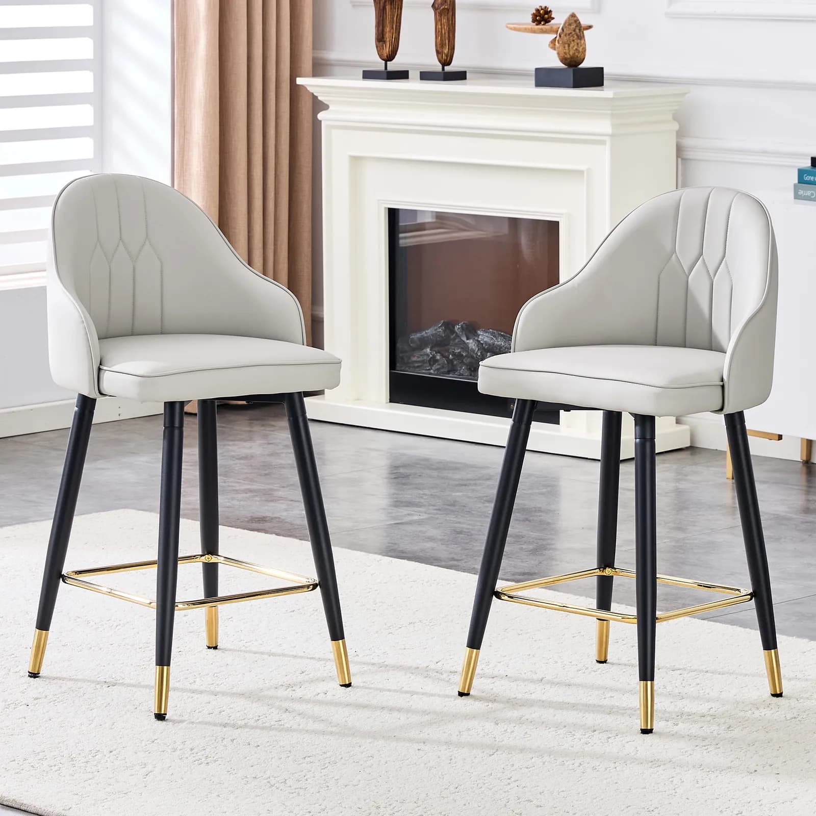 Set of 2 Light Gray PU Leather Bar Stools: 37, 7" High, 25" Seat Height, Gold Accent…