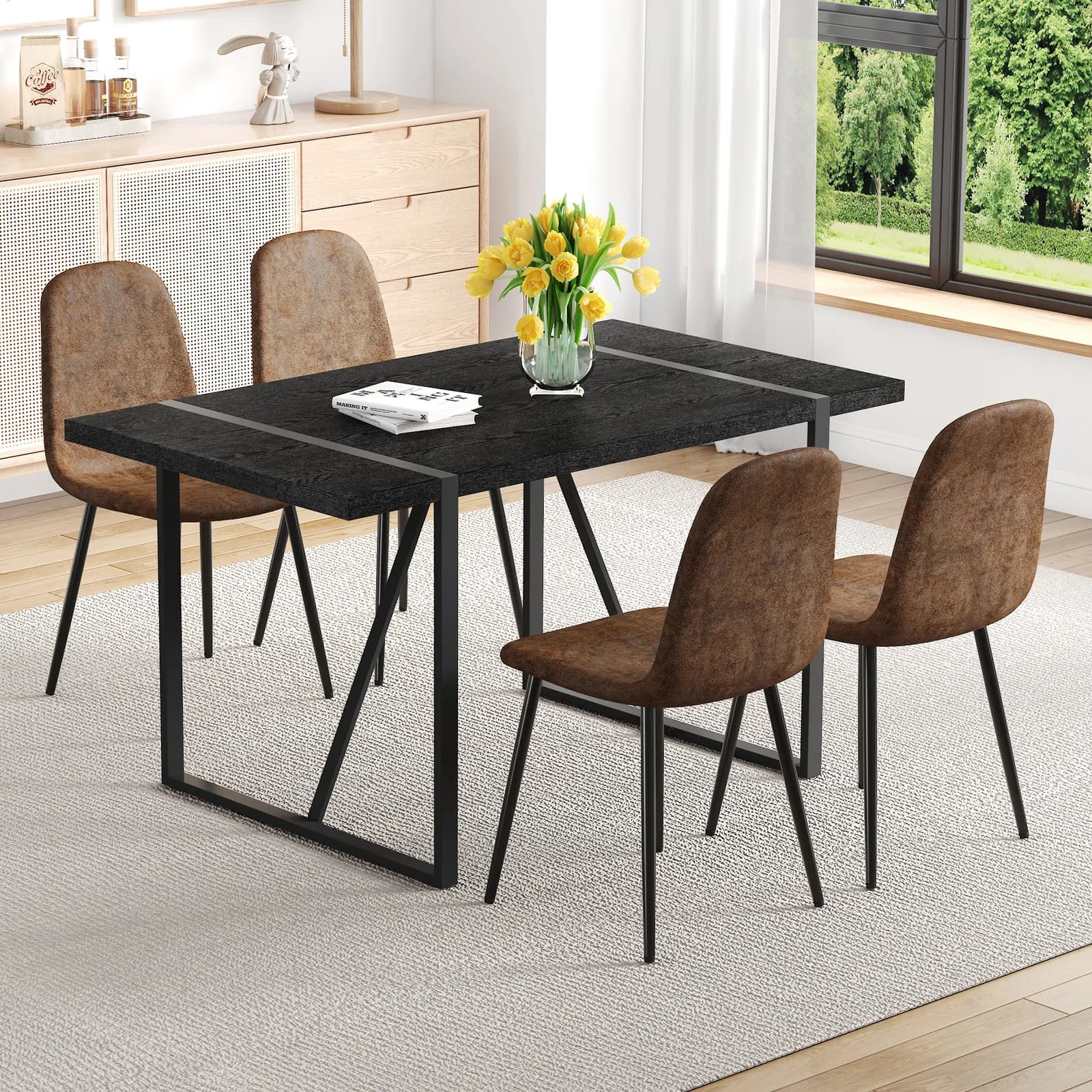 Table and Chair Set, A 55-Inch minimalist retro rectangular dining table with a black…