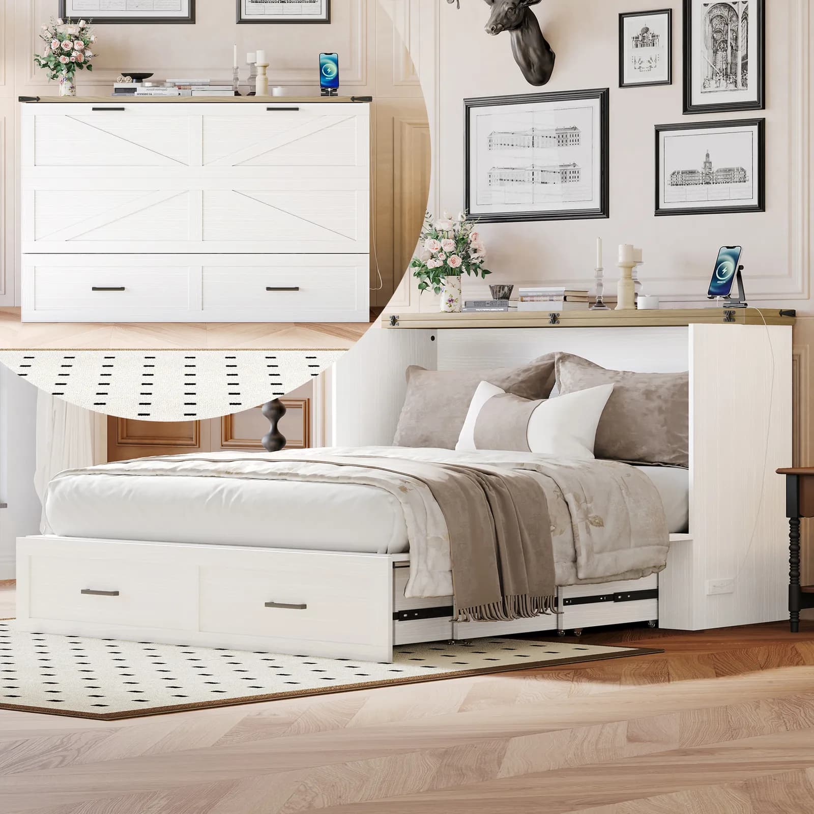 Queen Size Farmhouse Murphy Cabinet Bed with Charging Station, Foldable Platform Bed with…