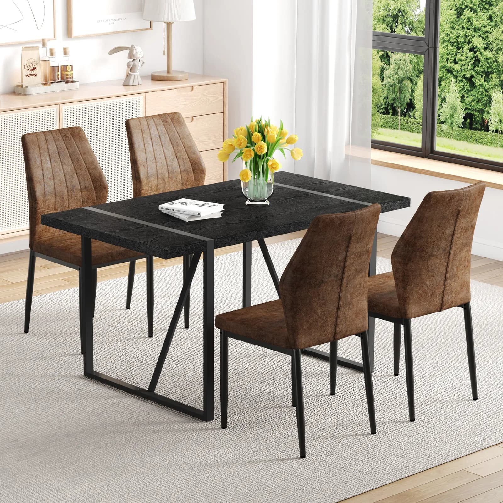Black Faux Wood Grain MDF Dining Table Set, A minimalist retro rectangular dining table…