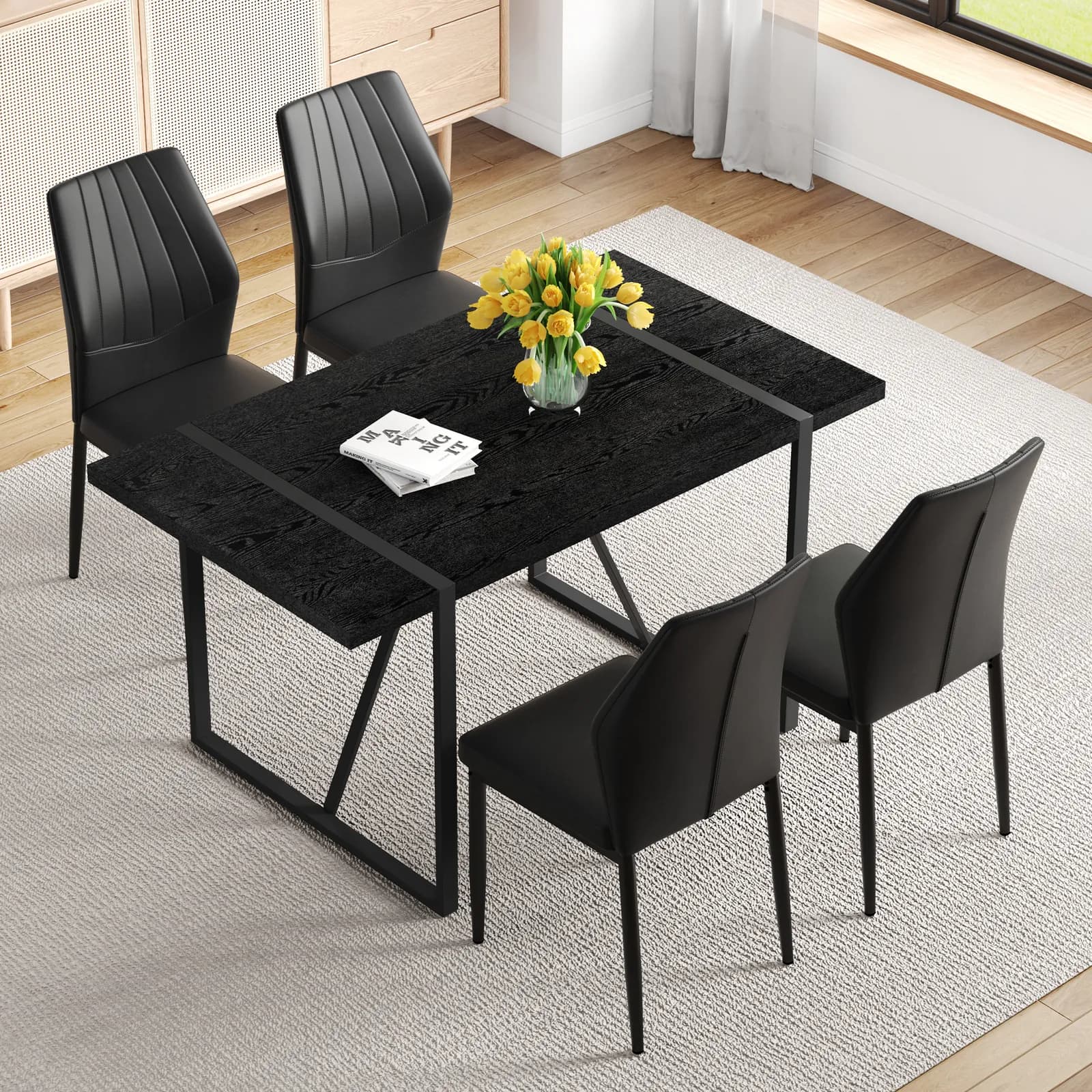 Black Faux Wood Grain MDF Dining Table Set, A minimalist retro rectangular dining table…