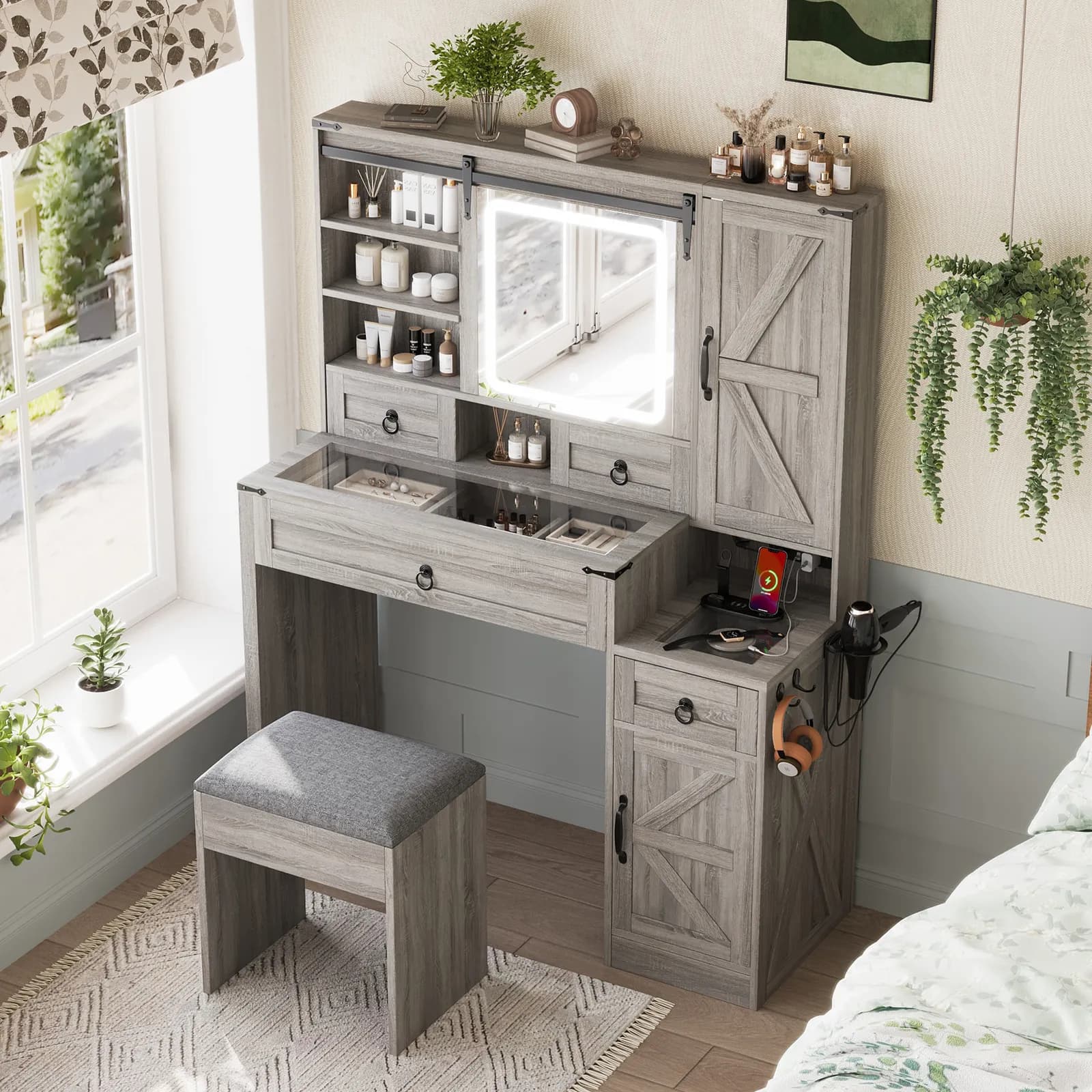 Farmhouse Vanity Desk with Sliding Mirror and Lights, Vanity Set with Glass Top and…