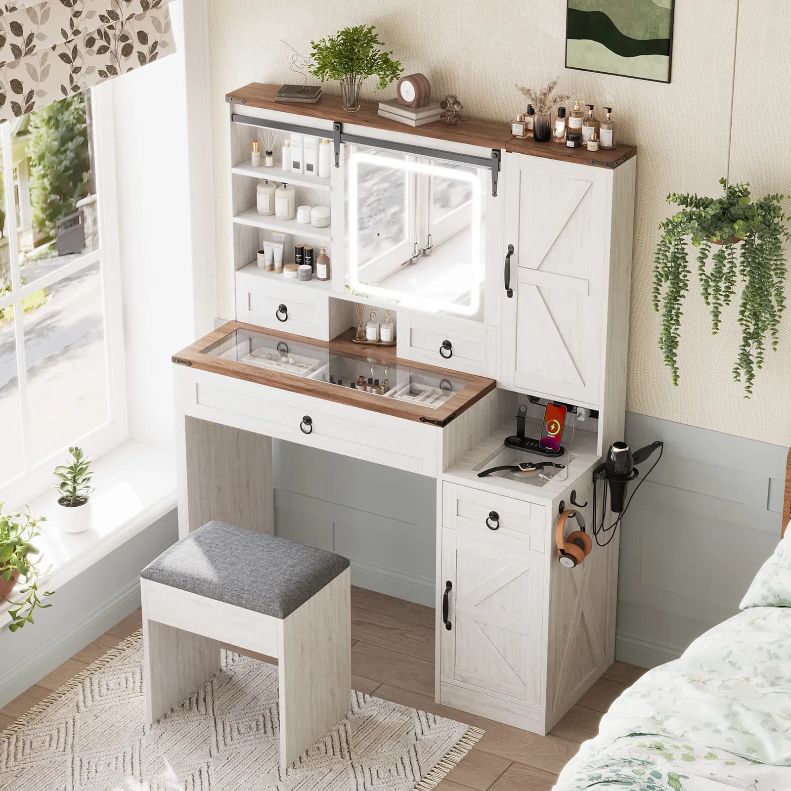 Farmhouse Vanity Desk with Sliding Mirror and Lights, Vanity Set with Glass Top and…