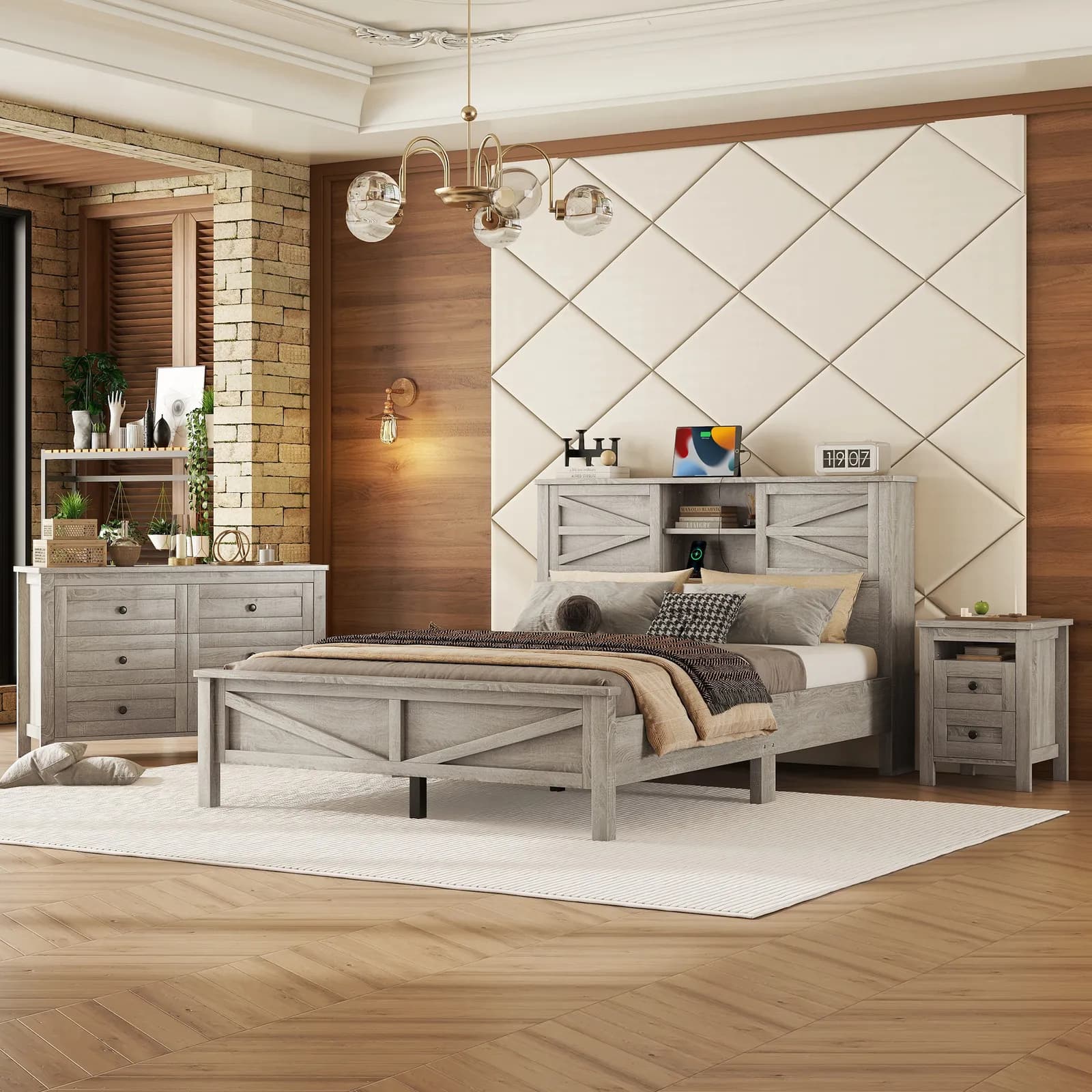 3-Pieces Bedroom Sets Queen Size Farmhouse Platform Bed with Double Sliding Door Storage…