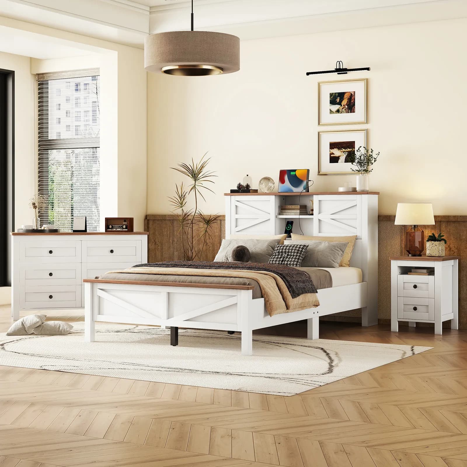3-Pieces Bedroom Sets Full Size Farmhouse Platform Bed with Double Sliding Door Storage…