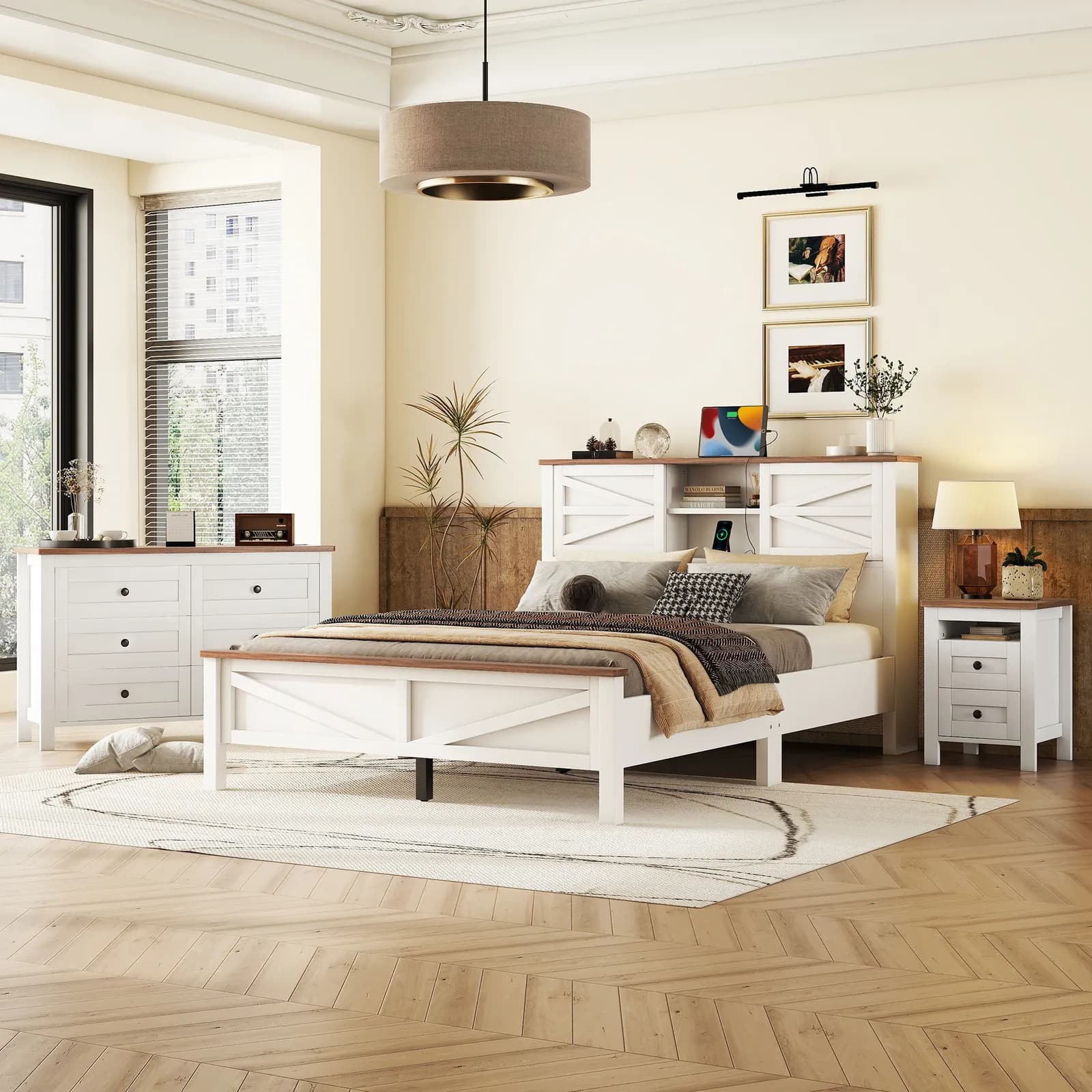 3-Pieces Bedroom Sets Queen Size Farmhouse Platform Bed with Double Sliding Door Storage…