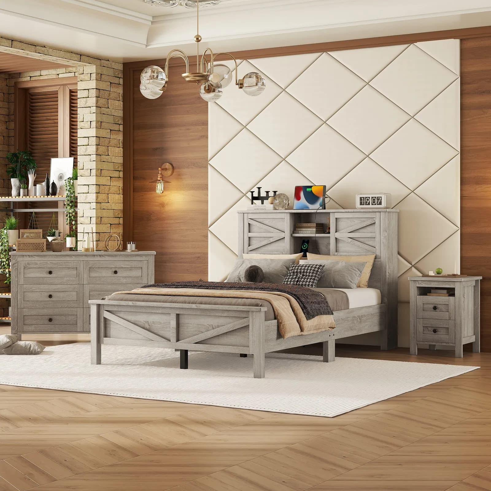 3-Pieces Bedroom Sets Full Size Farmhouse Platform Bed with Double Sliding Door Storage…
